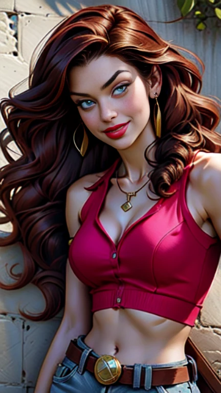 1woman 25 years old, solo, long red curly hair, looking at viewer, navel, cleavage, bare shoulders, detailed eyes, shy smile,jewelry, medium breasts, earrings, midriff, belt,necklace, bracelet, lips, armlet,((dynamic angle))