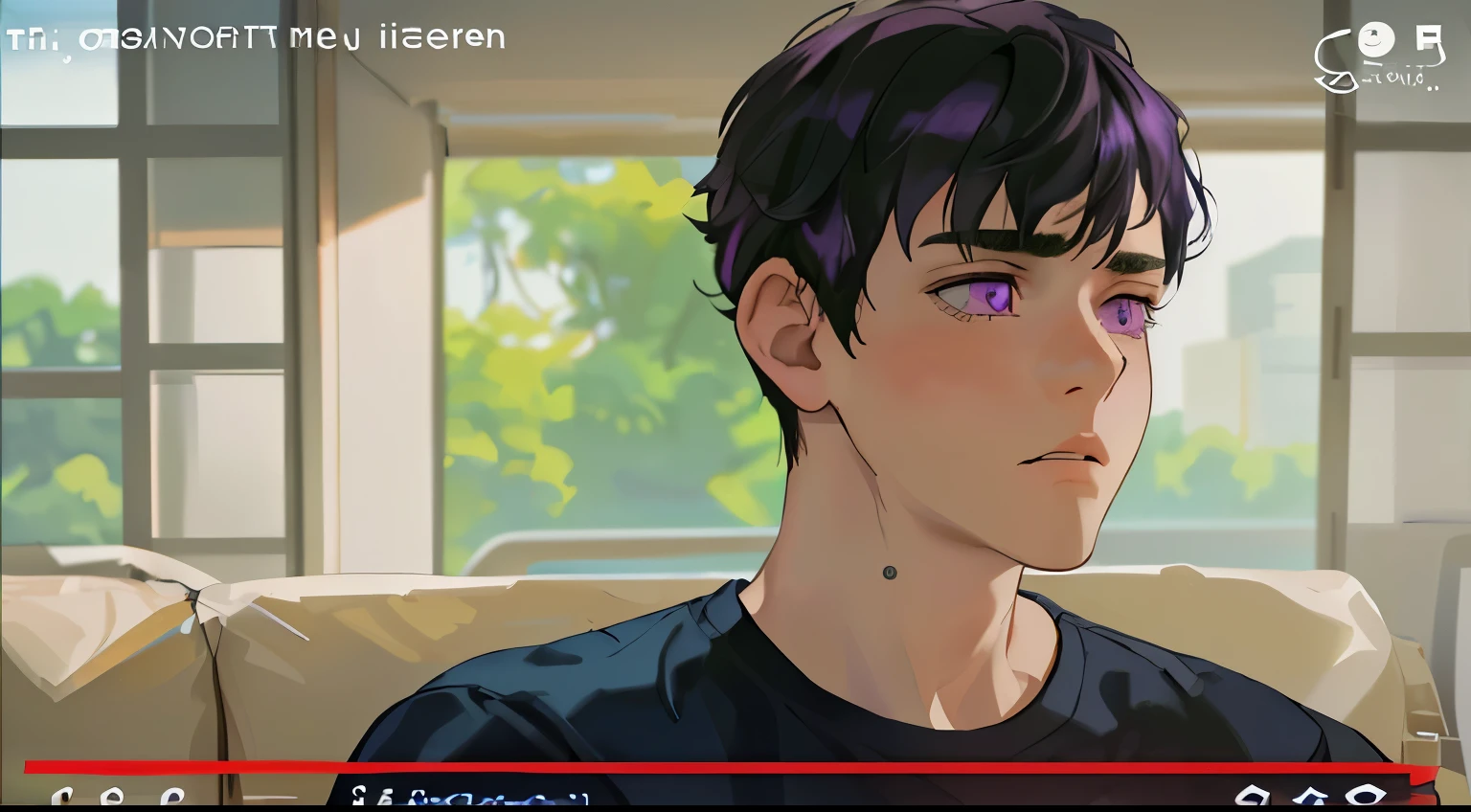 16 year old young man abundant hair purple hair purple eyes he is sad thoughtful he is in shock