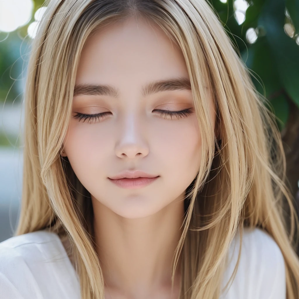 Authentic photo quality、cara muy linda、Extraordinaria belleza sexy、beautiful calm and bright expression、Aspecto refrescante y sexy.、Flequillo largo que cae sobre una cara linda y hermosa perfecta.、super long blonde hair, liso y sedoso que brilla intensamente.、hermoso rostro y cabello rubio、muy linda hermosa mujer joven sexy、Cara linda muy perfecta y hermosa.、Hermosos ojos azul cielo brillantes、ojos muy grandes、cabello dorado muy grande encima de un ojo、rubia entre los ojos、Piel blanca muy radiante、Teca Brillo、delineador de ojos、A small smile、piel brillante