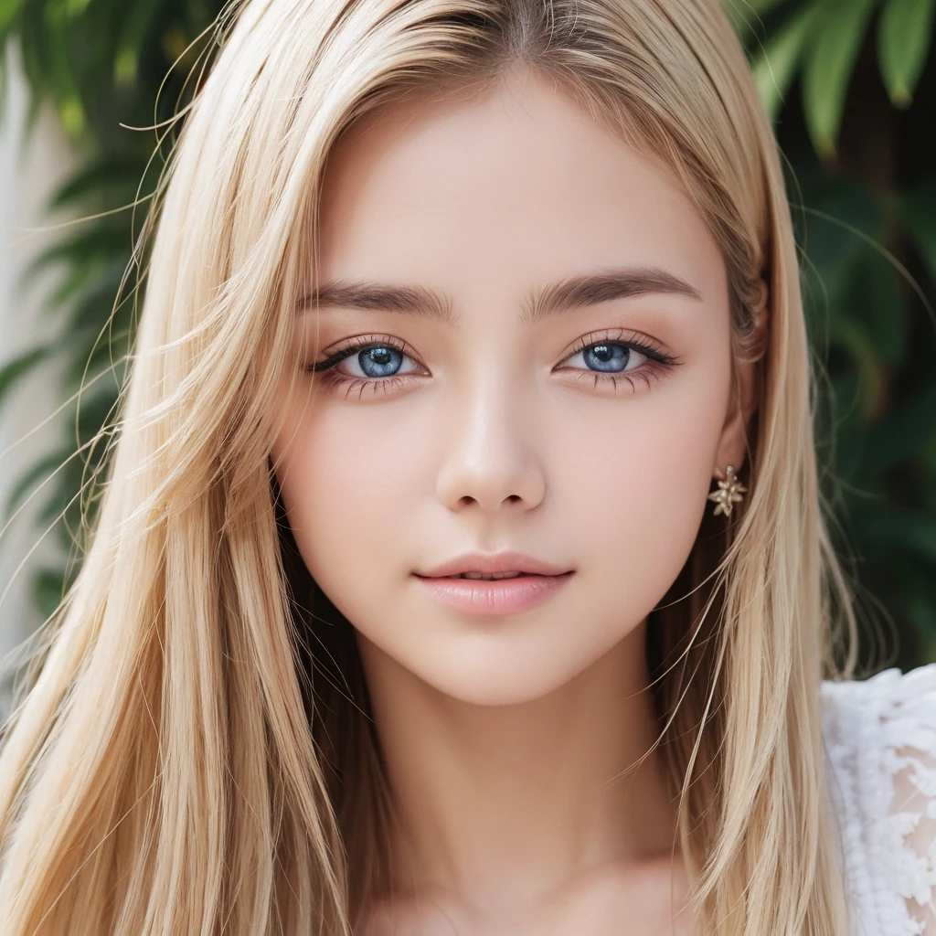 Authentic photo quality、cara muy linda、Extraordinaria belleza sexy、beautiful calm and bright expression、Aspecto refrescante y sexy.、Flequillo largo que cae sobre una cara linda y hermosa perfecta.、super long blonde hair, liso y sedoso que brilla intensamente.、hermoso rostro y cabello rubio、muy linda hermosa mujer joven sexy、Cara linda muy perfecta y hermosa.、Hermosos ojos azul cielo brillantes、ojos muy grandes、cabello dorado muy grande encima de un ojo、rubia entre los ojos、Piel blanca muy radiante、Teca Brillo、delineador de ojos、A small smile、piel brillante