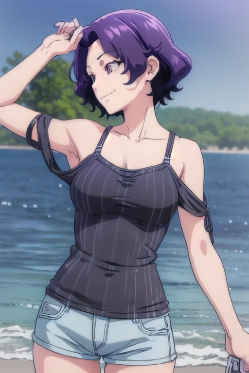 Azusa Hamaoka, Azusa Wipes, short hair, (Purple eyes:1.1), Purple Hair, (parted bangs:1.5), smile, Grin,
break bare shoulders, clavicle, Shoulder cutouts, shirt, black shirt, Shorts, denim,
break outdoors, Beach,
break looking at viewer, (Cowboy Shot:1.5),
break (masterpiece:1.2), highest quality, High resolution, unity 8k wallpaper, (figure:0.8), (Beautiful fine details:1.6), Highly detailed face, Perfect lighting, Highly detailed CG, (Perfect hands, Perfect Anatomy),