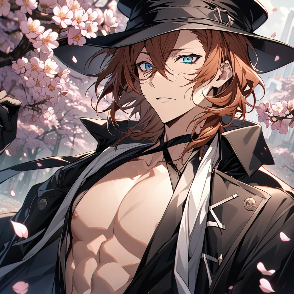 Ultra detailed, Highres, absurdres, Nakahara Chuuya, ginger hair, blue eyes, black long coat, black hat, Bungou Stray Dogs, spring, blossoms, petals, extremely handsome, sexy man, toned chest, solo, very detailed eyes and face, black gloves