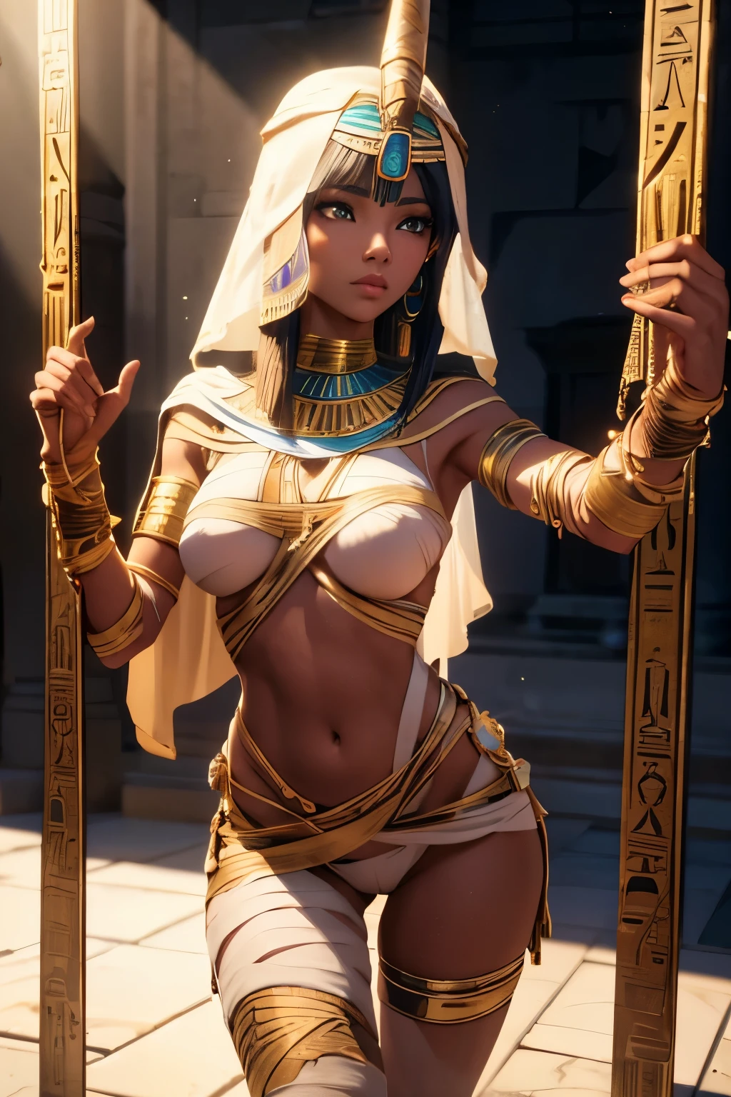 Beautiful Alluring Egyptian mummy Queen, Bare Skin, Athletic Well Toned Body, Elegant Form, Bare Skin, wraped with white linen ribons, wrapped in mummy wrappings, Inside A Pyramid tomb, Barely Clothed, Beautiful Face, Egyptian Theme, Fantasy Theme, Fiverr Dnd Character, Octane Render, Digital Art, Extreme Detail, 4k, Ultra Hd, Polished, Beautiful, Hyperdetailed, Intricate, Elaborate, Meticulous, Photorealistic, Sharp Focus, Wlop, Character Design, Unreal Engine, 3d Rendered, Volumetric Lighting, Reflections, Glossy, Digital Illustration, Pose, Suggestive Pose, Lewd, Full Body Shot, anatomically correct 💖❤💕💋❣
