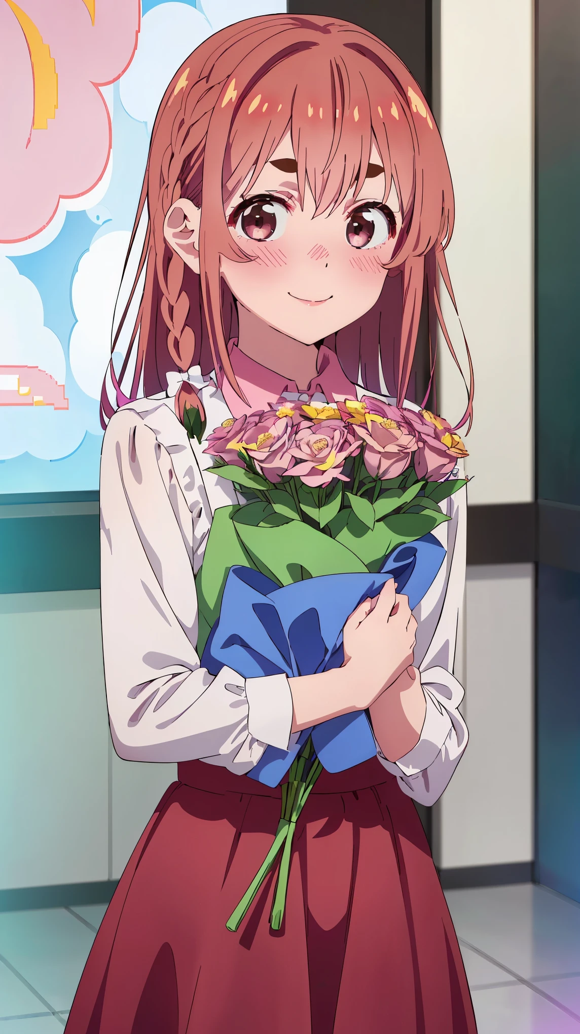 (((pixel-perfect, detail-perfect))), solo, 1girl, sumi sakurasawa, collared shirt, red dress, looking at viewer, blush, smile embarrassed, upper body (holding a flowers viewing it to the viewer: 1.5)