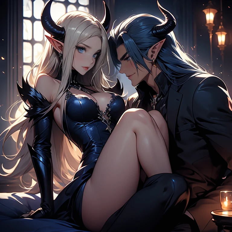 female adult elf with darkblonde hair, and a male elf dark blue long hair and demon horns male with dark blue hair and demon horns having sex, sex, dominant male