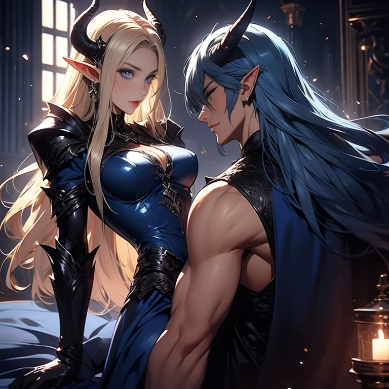 female adult elf with darkblonde hair, and a male elf dark blue long hair and demon horns male with dark blue hair and demon horns having sex, sex, dominant male