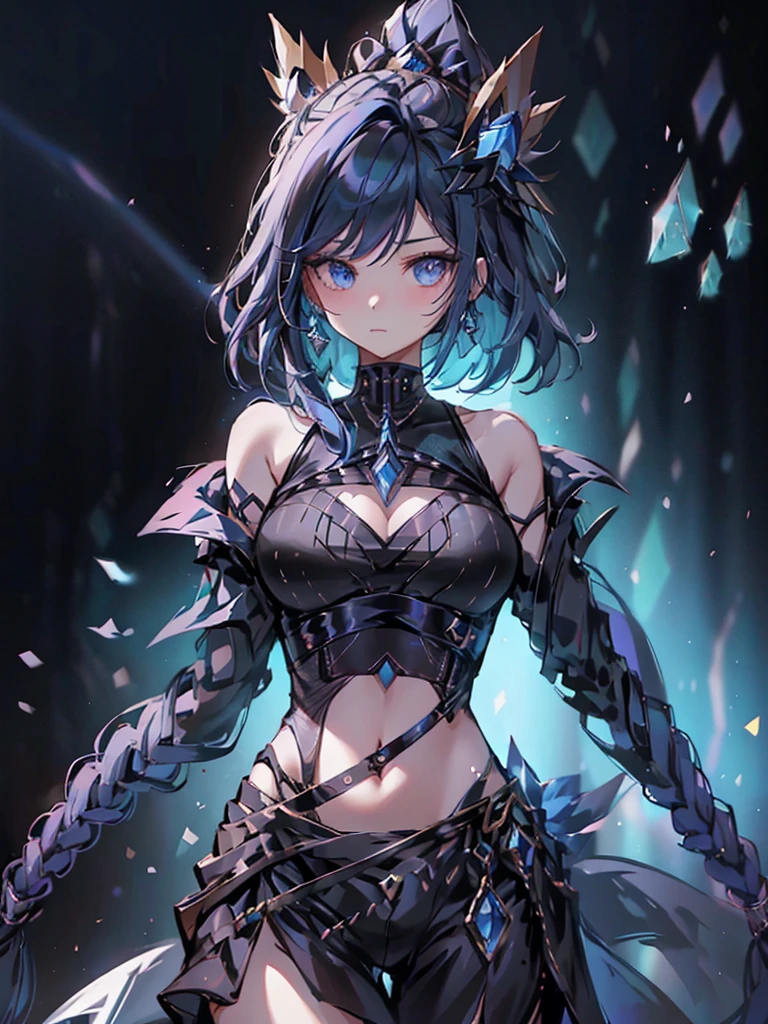 17-year-old girl、wearing a black elegant hat、Rune background、black magician、Wearing a black robe、mesmerize、cute woman、Elegant hairstyle、indigo hair color、Slightly shorter hair、blue eyes、look at the viewer、masterpiece、Best image、