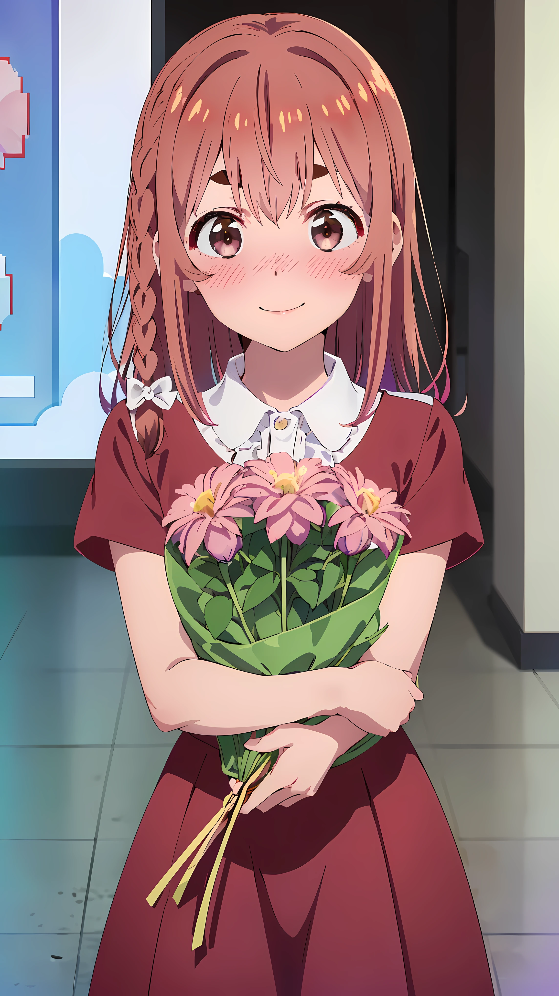 (((pixel-perfect, detail-perfect))), solo, 1girl, sumi sakurasawa, collared shirt, red dress, looking at viewer, blush, smile embarrassed, upper body  (holding a flowers viewing it to the viewer: 1.5) 