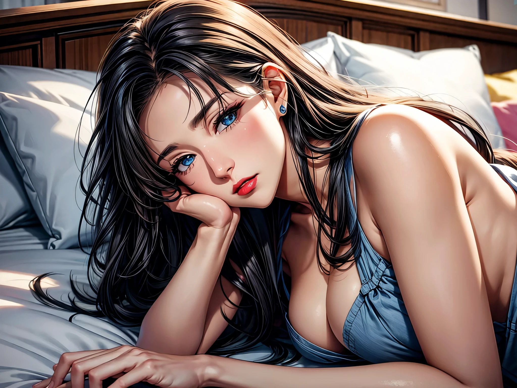 Elegant adult women, blue eyes, Long hair, messy hair, Grow eye hair, Slightly blush, in bed, Sleeping with head on pillow, Boyfriend's perspective, when she's around, 4K resolution, High quality CG, fair,