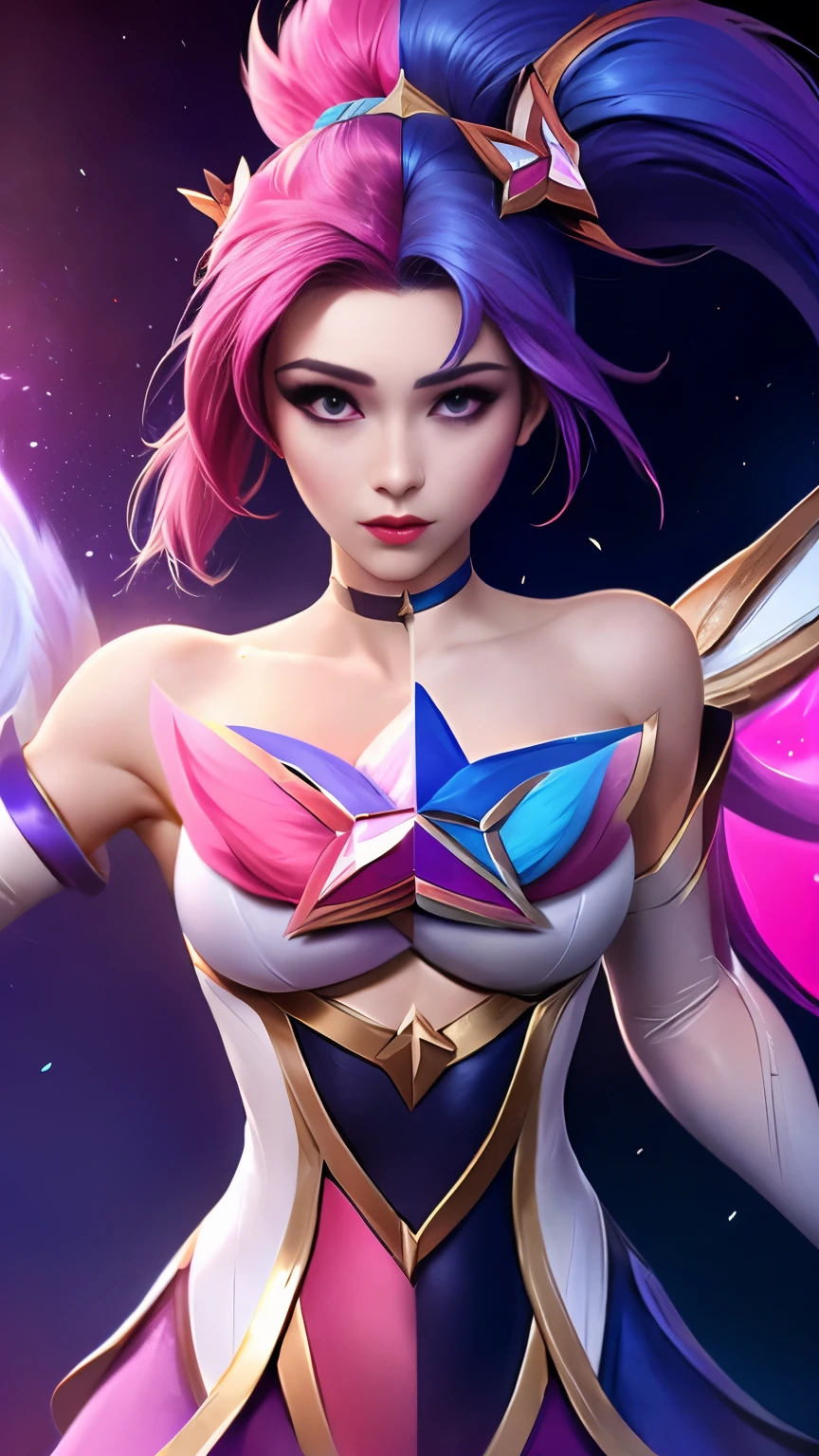 (Masterpiece, highly detailed, highly quality,  highly resolutions), line between the middle, (SplitScreen, split screen, BREAK starguardiankaisa,( elbow gloves, hair ornament, dress, crop top, navel, star \(symbol\), choker, star guardian \(league of legends\), pink hair, long hair, wings), {{SplitScreen, split screen, BREAK starguardianakali, (elbow gloves, hair ornament, crop top, navel, star guardian \(league of legends\), star \(symbol\), multicolored hair, blue hair, purple hair, ponytail)}})