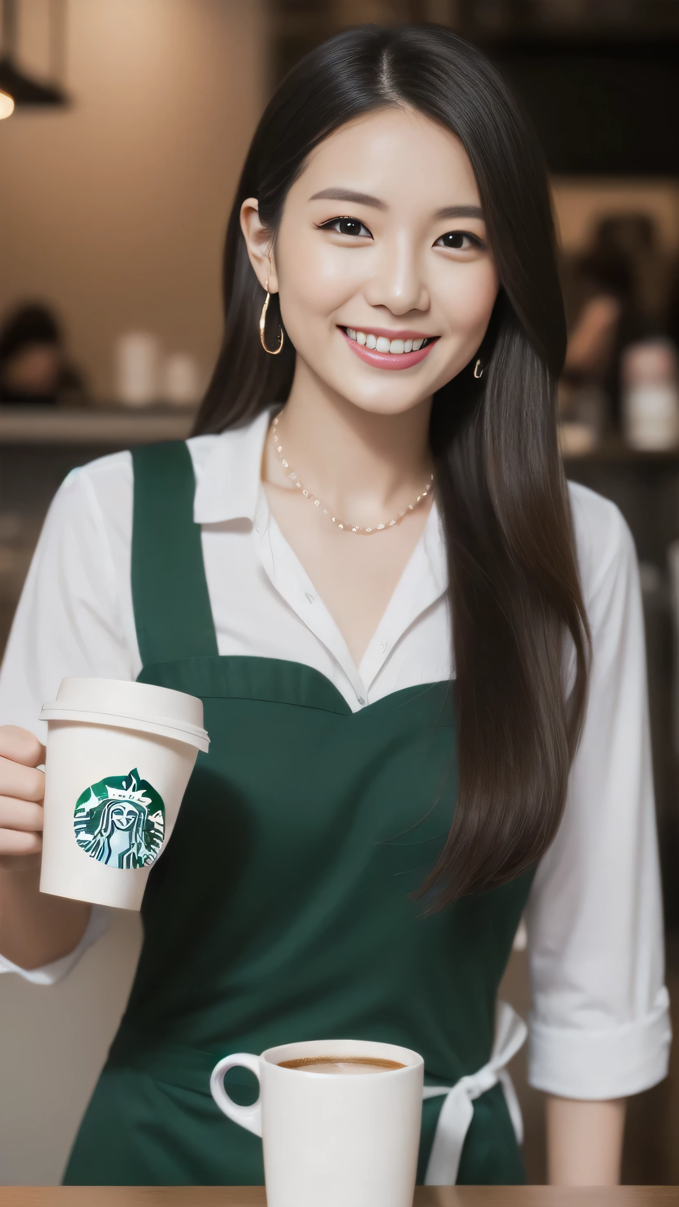 Hostess&#39;s face、Married women、Married Woman、Beauty、Starbucks Uniforms、high quality、Super Ultra Realistic、healthy、smile、tall、Perfect figure、Japanese Beauty、 necklace、Earrings、Perfect eyes, beautiful skin、Upper Body、looking at the camera、Making coffee at Starbucks