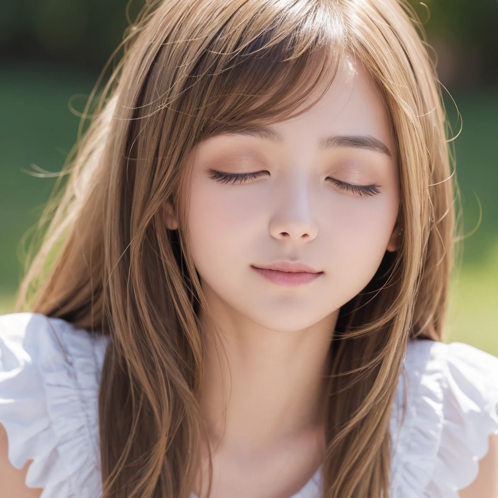 Authentic photo quality、cara muy linda、Extraordinaria belleza sexy、beautiful calm and bright expression、Aspecto refrescante y sexy.、Flequillo largo que cae sobre una cara linda y hermosa perfecta.、super long blonde hair, liso y sedoso que brilla intensamente.、hermoso rostro y cabello rubio、muy linda hermosa mujer joven sexy、Cara linda muy perfecta y hermosa.、Hermosos ojos azul cielo brillantes、ojos muy grandes、cabello dorado muy grande encima de un ojo、rubia entre los ojos、Piel blanca muy radiante、Teca Brillo、delineador de ojos、A small smile、piel brillante