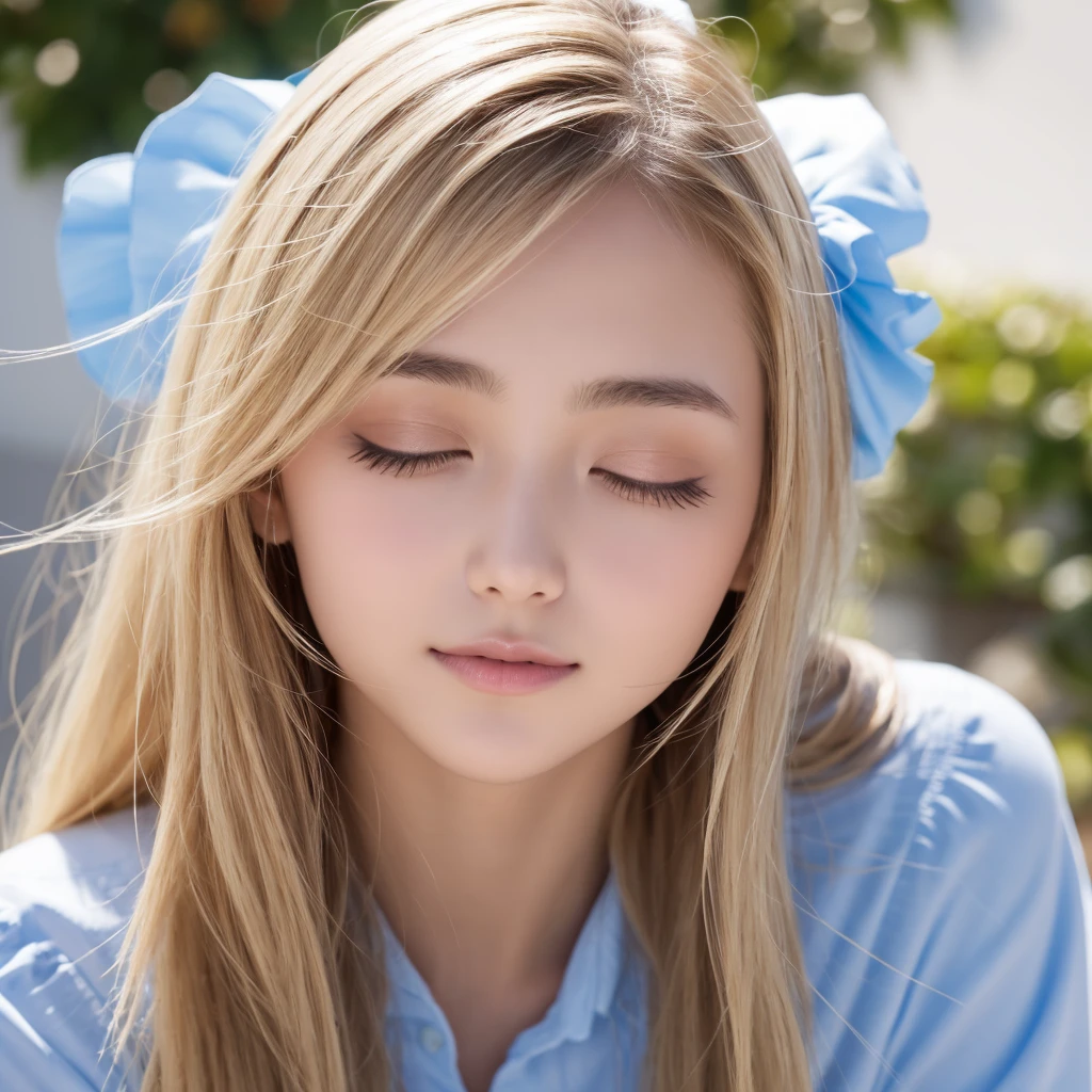 Authentic photo quality、cara muy linda、Extraordinaria belleza sexy、beautiful calm and bright expression、Aspecto refrescante y sexy.、Flequillo largo que cae sobre una cara linda y hermosa perfecta.、super long blonde hair, liso y sedoso que brilla intensamente.、hermoso rostro y cabello rubio、muy linda hermosa mujer joven sexy、Cara linda muy perfecta y hermosa.、Hermosos ojos azul cielo brillantes、ojos muy grandes、cabello dorado muy grande encima de un ojo、rubia entre los ojos、Piel blanca muy radiante、Teca Brillo、delineador de ojos、A small smile、piel brillante