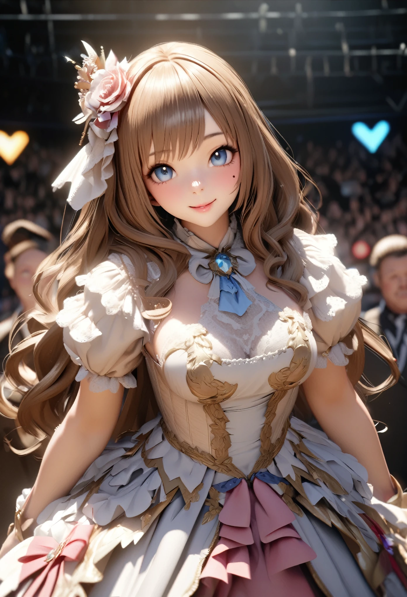 One Girl、Looking at the audience、
Beautiful Blue Eyes、Brown long hair、Mole under the eye、Plump and glossy lips、Heart-shaped choca、Idol、smile、ー、。.。.。.。.。.。.。.。.。.。.。.。.。.。.。.。.。.。.3D、Realistic、
Princess dress with too many frills、Drape clothes、gem、The decoration has been removed、Floral、Lace trim、bright stage、
masterpiece、highest quality、8k、Detailed skin texture、Detailed cloth texture、Beautifully detailed face、Intricate details、Very detailed、
超A high resolution、8K Ultra HD、Film Grain、Best Shadow、delicate、Staring at the audience、front
