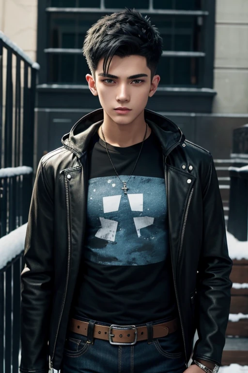 20-year-old boy with open black jacket, blue t-shirt with snow print, short black hair, punk style, yellow locks, black jeans, green eyes, black leather belt, silver buckle, slim muscular complexion, cross medallion, silver bracelet, looking straight at the viewer, holding a harp