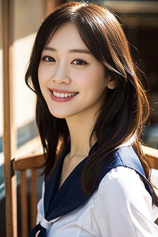 (8k、Raw photo、highest quality、masterpiece:1.2)、(Realistic、Photorealistic:1.37)、Ultra-detailed、超A high resolution、1 girl、Seeing the viewer、Beautifully detailed face、Laughter、narrow、(Narrow waist) :1.3)、beautiful detailed skin、Skin Texture、floating hair、Professional Lighting、Human whole body、Long Hair、Blonde、Japanese Height 、high school girl、Japanese Height 、high school girl、Sailor suit、bob hair、Children's room、Smile、-yeld stSmile、E cup breasts、Portaire