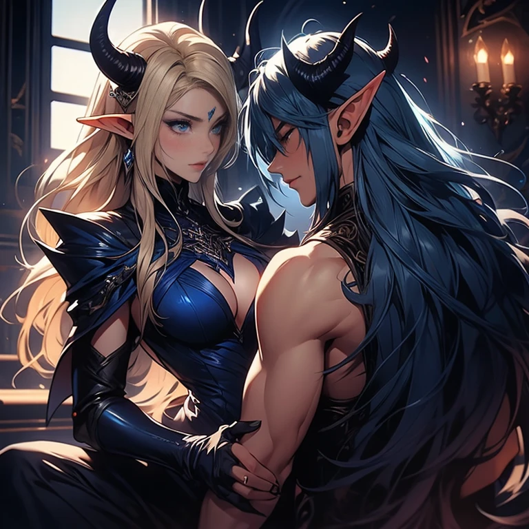 female adult elf with darkblonde hair, and a male elf dark blue long hair and demon horns male with dark blue hair and demon horns having sex, sex, dominant male