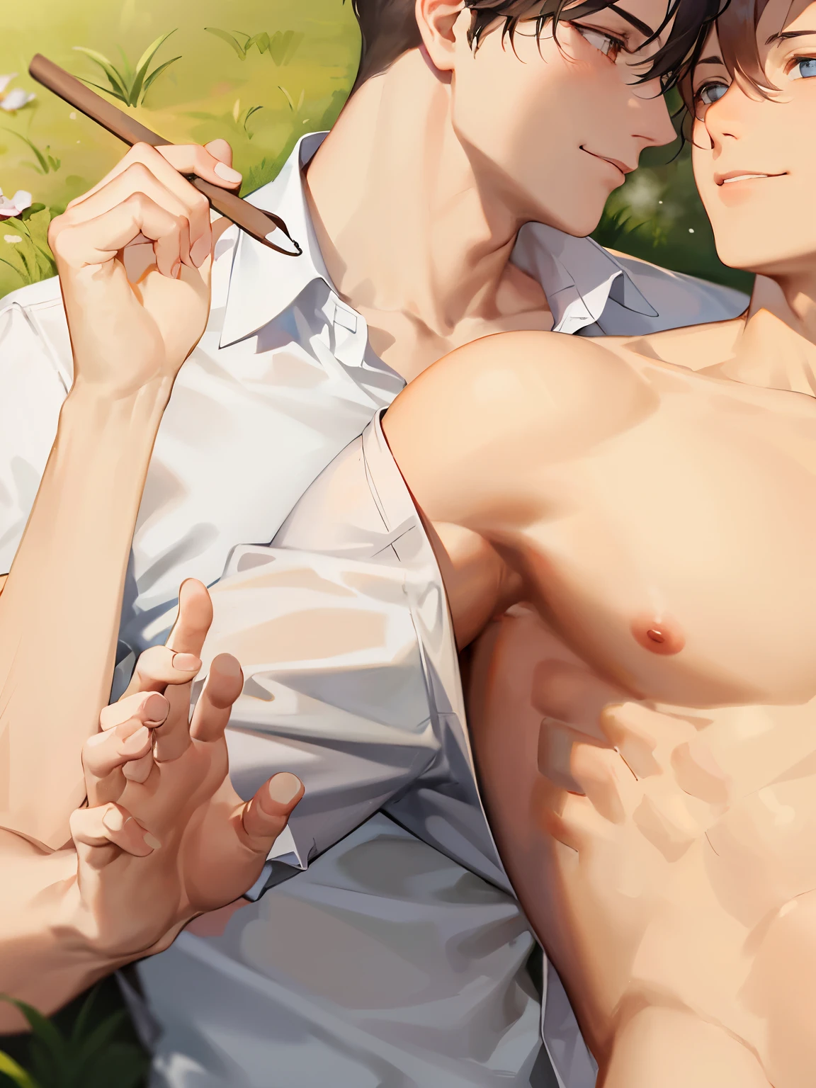 male focus,  boy, shirt, yaoi, lying, brown hair, pants, nipples, short hair, pectorals, open shirt, white shirt, open clothes, black hair, muscular male, on back, muscular, looking at another, black pants /////////// ,details of 5 fingers (men), details of male body parts, details,sunny smile,Sleep,complete the photo,detail,(((full male body parts))),Button handle,Detail of 5 male fingers