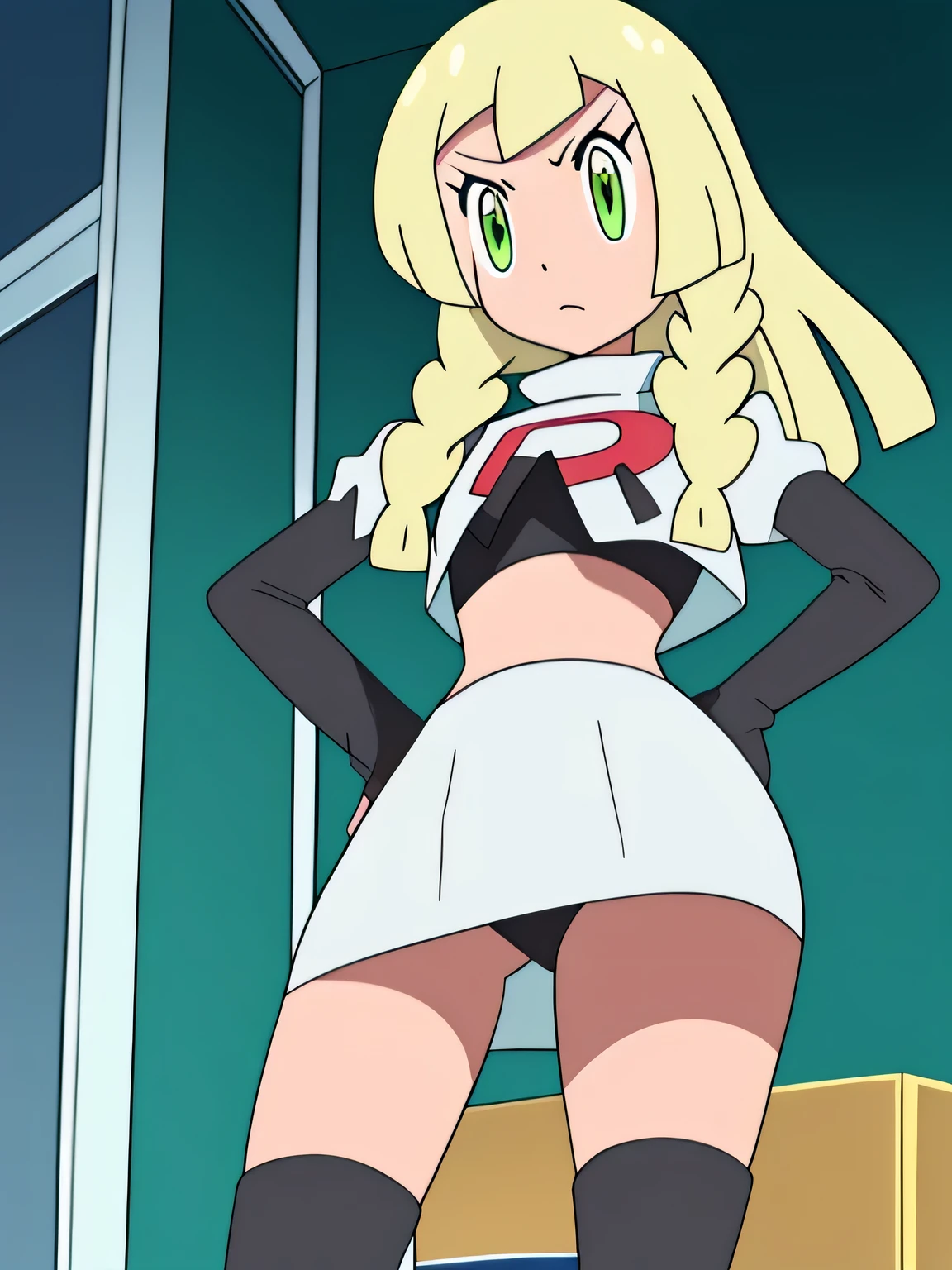 masterpiece,best quality,high res,high quality,8k, masterpiece,highres, team rocket uniform, red letter r, white skirt,white crop top,black thigh-high boots, black elbow gloves, glaring angrily, looking down at viewer, hands on hips, cowboy shot, zettai ryouiki,spread legs,from below, black panties,anime style, vivid colors, sharp focus, intense lighting,lillie,blonde hair, long hair, twin braids, green eyes,