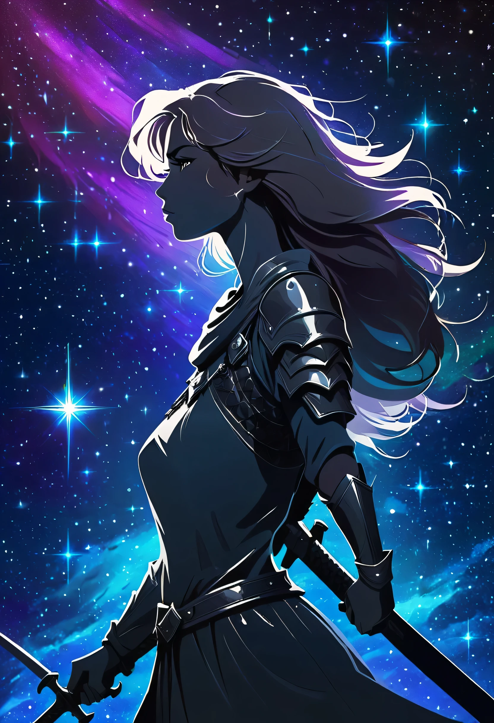 a stylized young woman warrior ((silhouette)) formed by bright stars. Cosmic background