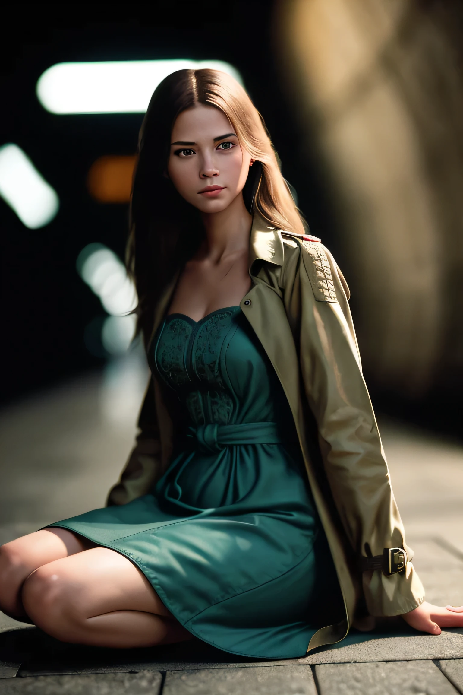(masterpiece), (extremely intricate:1.3), (realistic), a girl, (future nostalgia), (dynamic perspective), dynamic angle, the most beautiful in the world, (slouching on the floor), trench coat, camisole dress, smirk, tunnel, professional photograph of a stunning woman detailed, sharp focus, dramatic, award winning, cinematic lighting, octane render unreal engine, volumetrics dtx, (film grain, blurry background, blurry foreground, bokeh, depth of field)