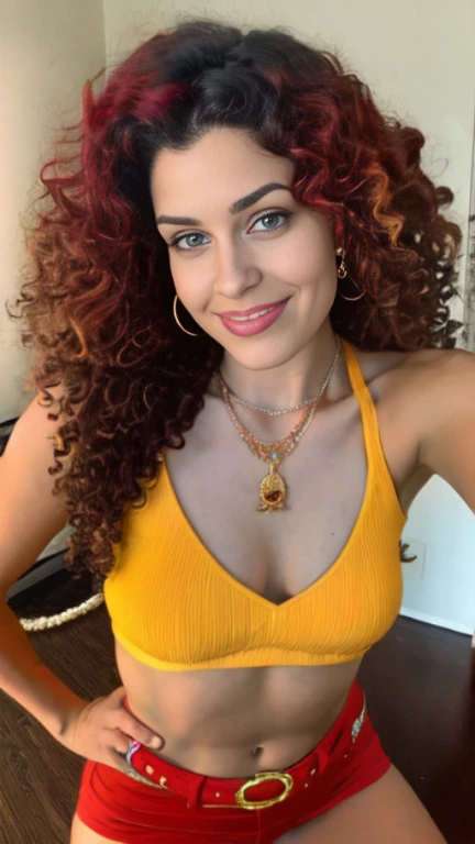 1woman 25 years old, solo, long red curly hair, looking at viewer, navel, cleavage, bare shoulders, detailed eyes, shy smile,jewelry, medium breasts, earrings, midriff, belt,necklace, bracelet, lips, armlet,((dynamic angle))