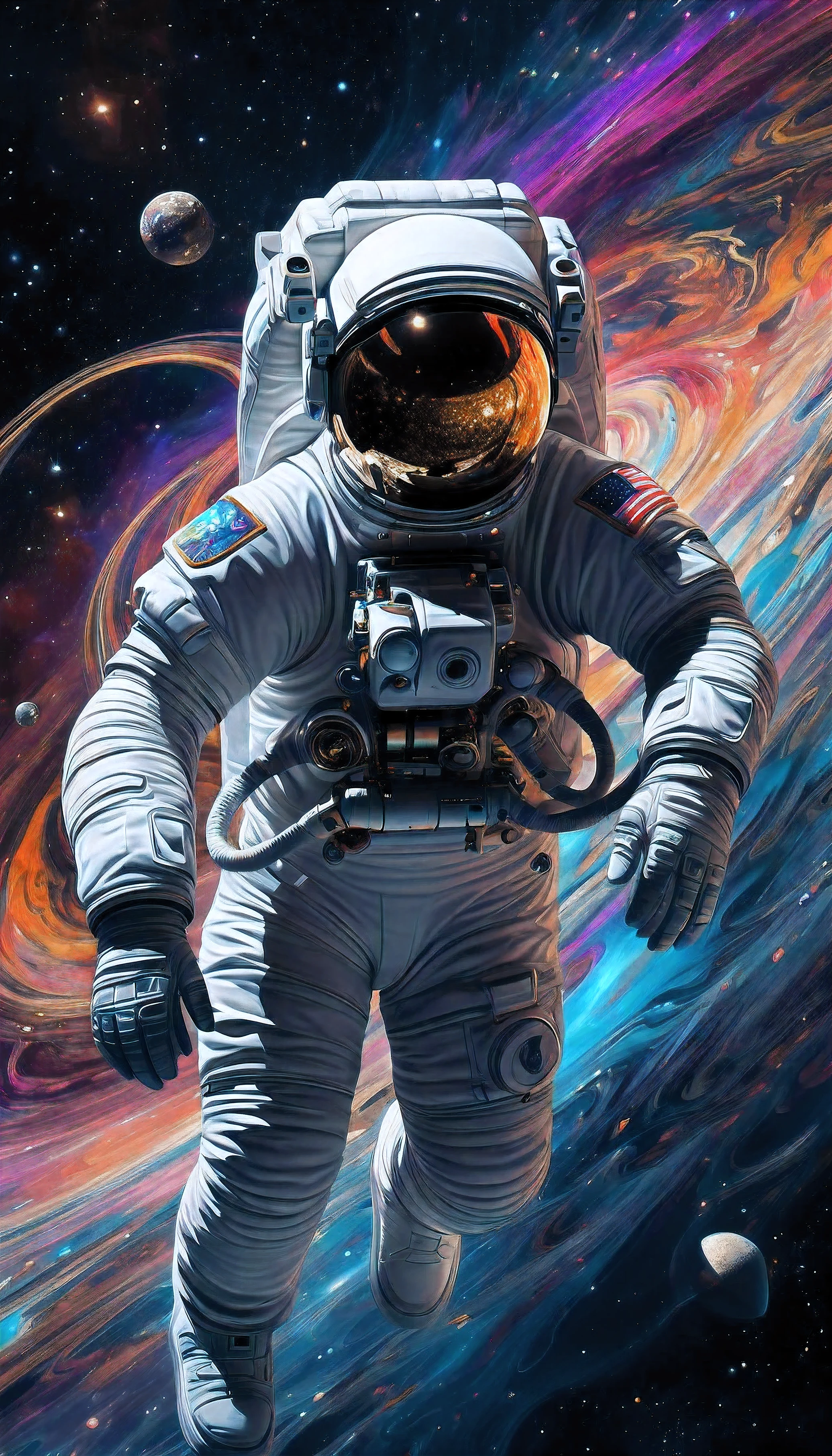 An artistic interpretation of an astronaut as a cosmic explorer, with swirling colors and ethereal shapes surrounding them, evoking a sense of wonder and awe as they navigate the mysteries of the universe, Artistic Astronaut, Celestial Voyager, Astral Exploration, Digital Painting, Cosmic Wonder, Adobe Photoshop, Close-Up Shot, Fantasy Lighting, High Detail, 8K Resolution