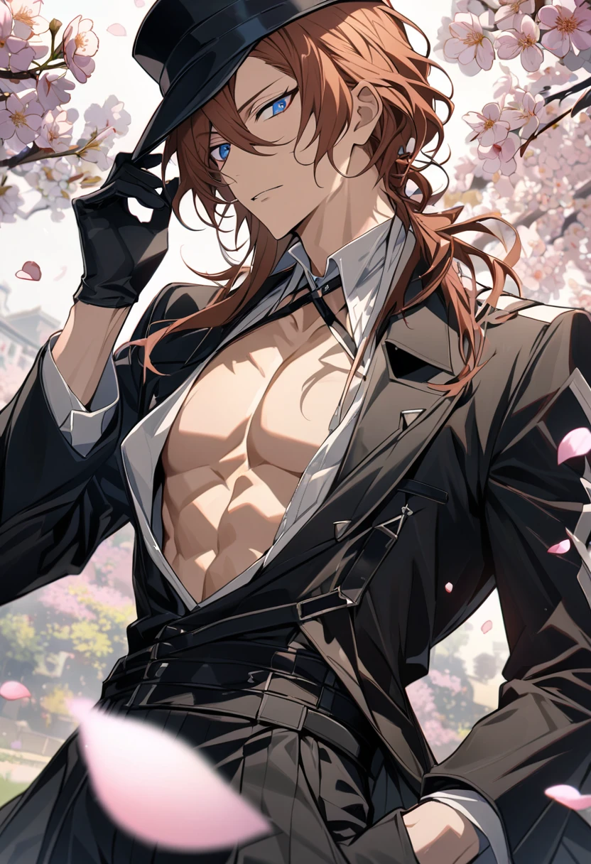 Ultra detailed, Highres, absurdres, Nakahara Chuuya, ginger hair, blue eyes, black long coat, black hat, Bungou Stray Dogs, spring, blossoms, petals, extremely handsome, sexy man, toned chest, solo, very detailed eyes and face, black pants, black gloves