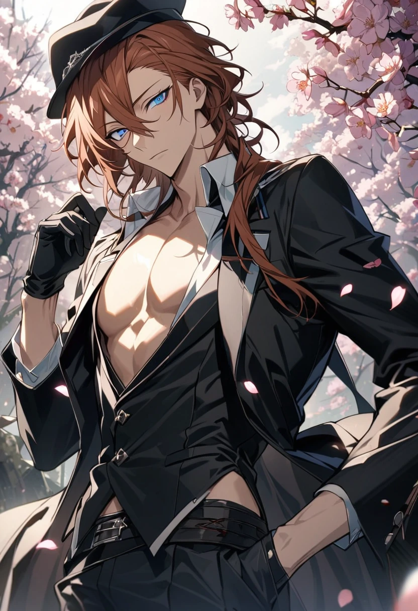 Ultra detailed, Highres, absurdres, Nakahara Chuuya, ginger hair, blue eyes, black long coat, black hat, Bungou Stray Dogs, spring, blossoms, petals, extremely handsome, sexy man, toned chest, solo, very detailed eyes and face, black pants, black gloves
