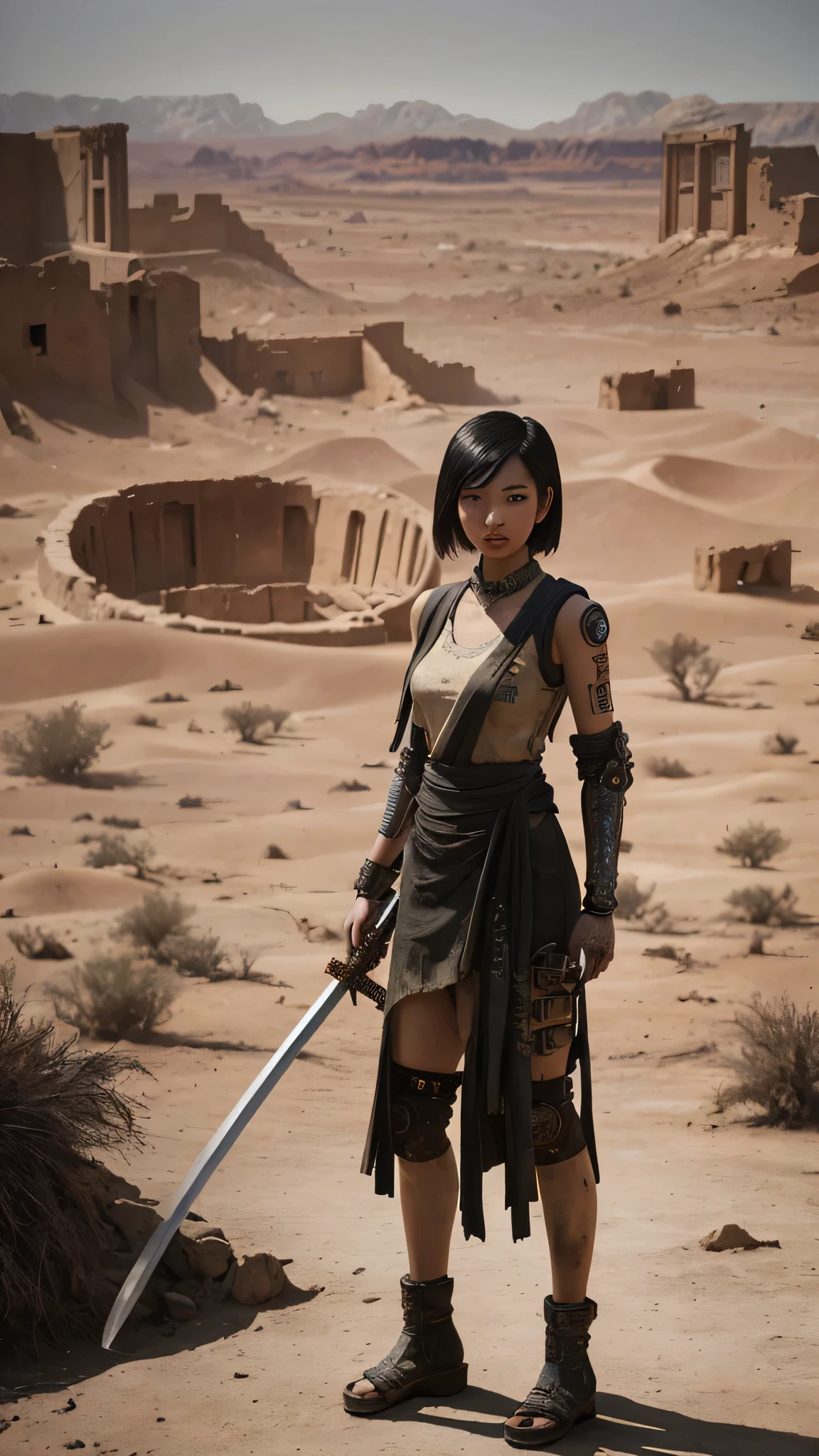 Portrait of a young and beautiful Asian girl in a science fiction setting, among complex background punk elements reminiscent of Fallout's world. The scene is futuristic and post-apocalyptic, showcasing intricate details in best quality. This masterpiece presents the girl, standing tall and proud from head to toe wields katana, against ancient ruins in the arid desert backdrop. 