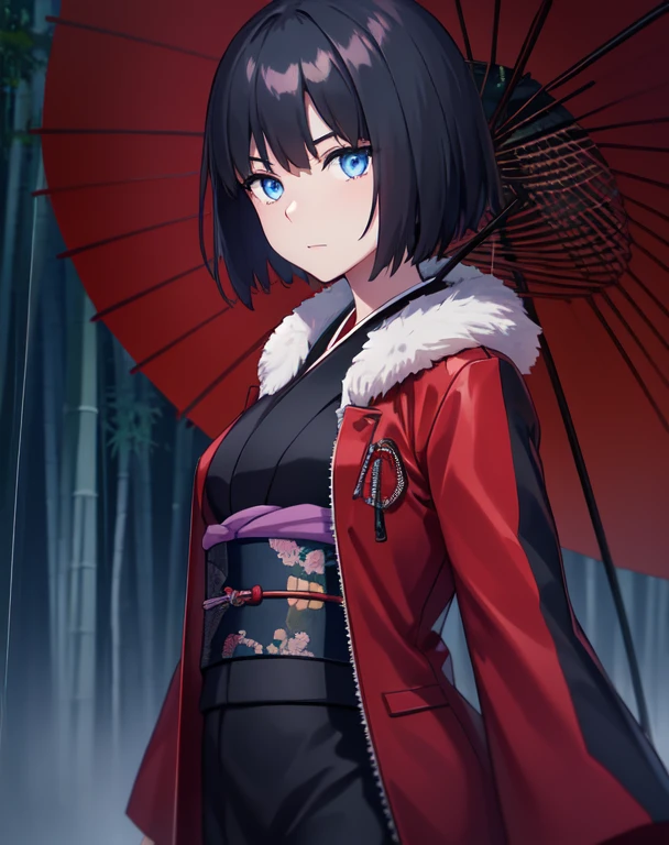 bamboo forest, night, rain, Dim lighting, bamboo, Cobblestone Street, lanthanum,
(Shikiryōgi), Black Hair, blue eyes, short hair, 
Fur trim, Jacket, kimono, kimono, Long sleeve, heart, Open clothes, open Jacket, red Jacket, sash, zipper,
(masterpiece, highest quality, Realistic, detailed),  