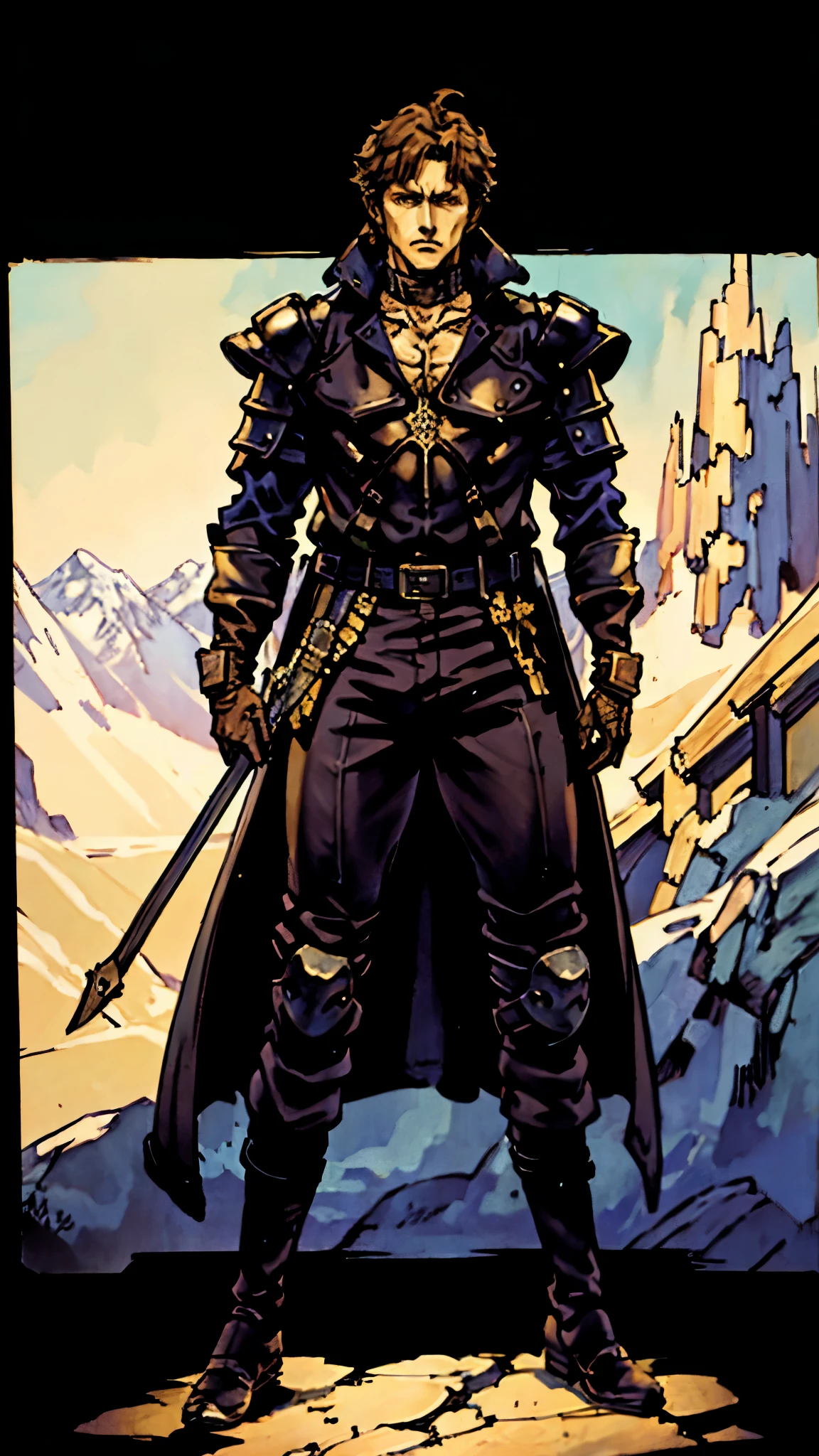 A man with short sandy brown hair, long side-parted bangs, a melancholic gaze, a troubled expression, pale skin, a fantasy-style gray trench coat with a large collar, under which lies leather chest armor, a black belt, worn-out yellowish shoulder pads and wrist guards, utility trousers, the backdrop of a mountain wilderness at night, this character embodies a finely crafted fantasy-style adventurer in anime style, exquisite and mature manga art style, high definition, best quality, highres, ultra-detailed, ultra-fine painting, extremely delicate, professional, perfect body proportions, golden ratio, anatomically correct, symmetrical face, extremely detailed eyes and face, high quality eyes, creativity, RAW photo, UHD, 32k, Natural light, cinematic lighting, masterpiece-anatomy-perfect, masterpiece:1.5
