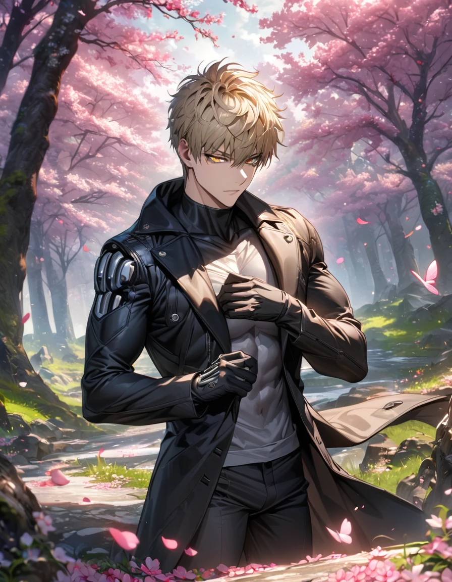 absurdres, highres, ultra detailed, HDR, master piece, best quality, extremely detailed face and eyes, Genos, ash-blond hair, expressive yellow eyes, One Punch Man, solo, sexy man, handsome, black coat, black pants, spring, trees, blossoms, pink petals, pink butterflies