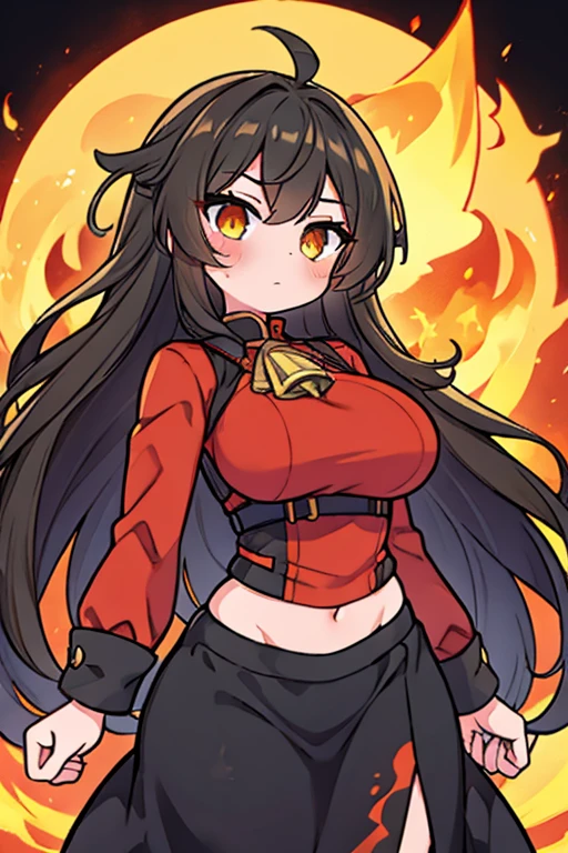 1girl, cute girl, solo, blush, (Charcoal Brunette hair), ((slightly messy hair)), (very long hair), Beautiful Amber eyes, ((Excessively Ginormous Breasts)), curvy, ((Extremely wide hips)), wearing a (Red shirt with a flame pattern at the edges), Black hood, and a Black Skirt, and has one hand open with a little flame on it, with a focused/determined facial expression. ((detailed face)), 8k, super detailed, masterpiece, high quality, high resolution, high detail, high face detail, HD quality, very cute, bright, she is learning to be a “Pyromancer” or “Fire Mage”,