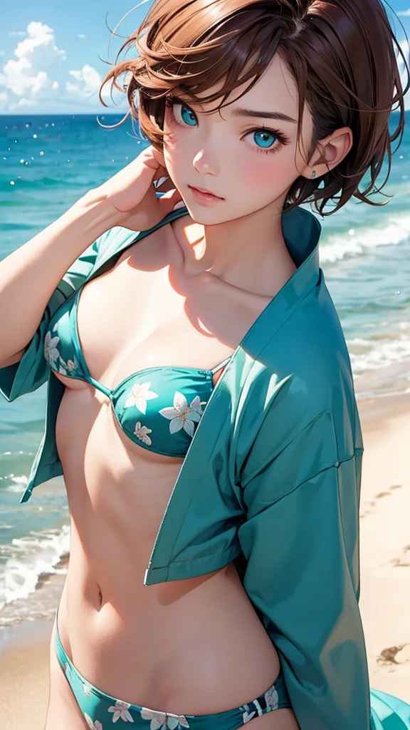 highest quality、Realistic、Women、Japanese、zoom、look up、cute、Ocean、Turquoise eyes、Chestnut Hair、Short Hair、Swimwear、Face close-up、slender、Small breasts