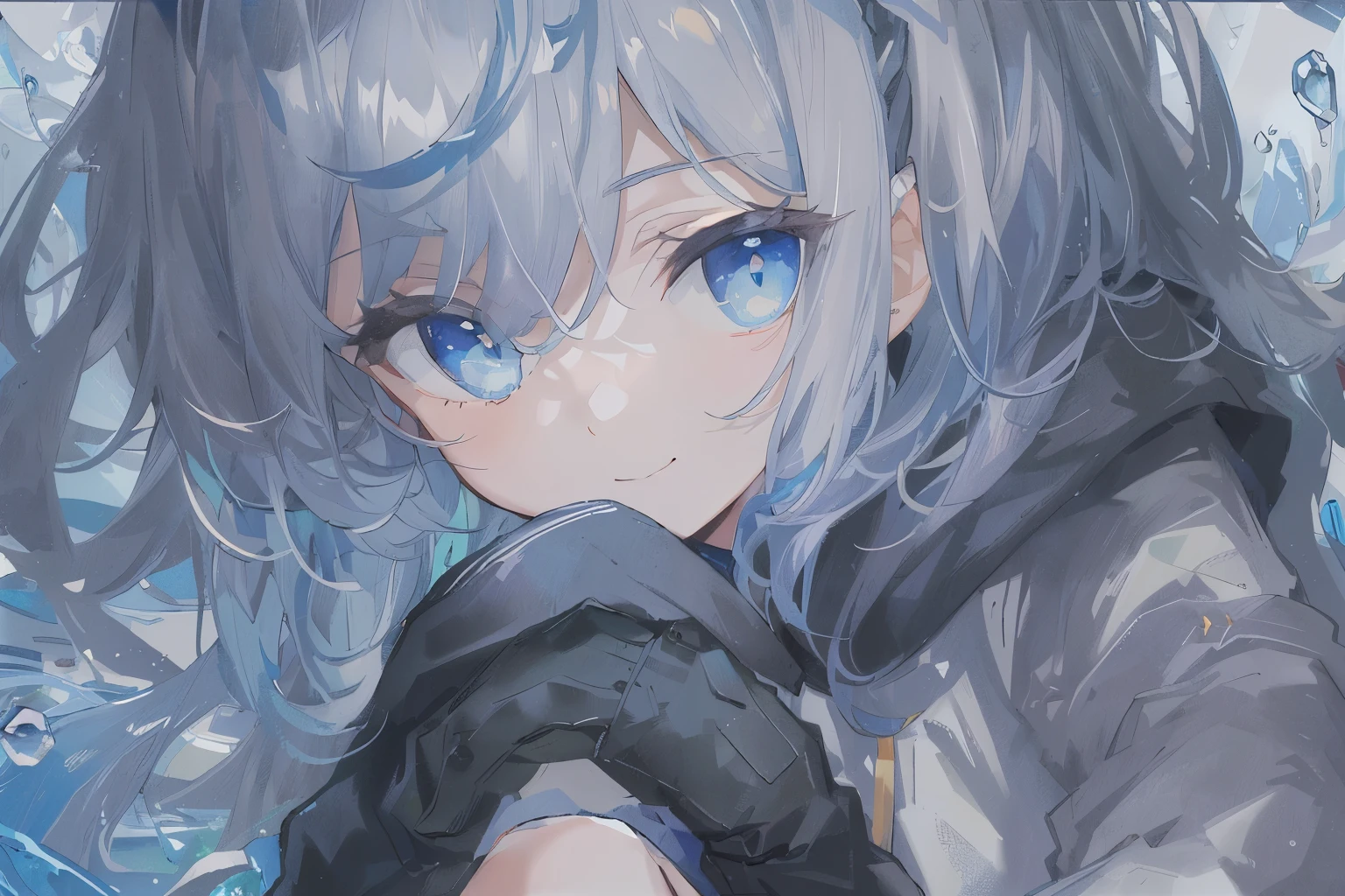 ((top-quality)), ((masterpiece)), ((ultra-detailliert)), (extremely delicate and beautiful), girl with, solo, cold attitude,((Black jacket)),She is very(relax)with the(Settled down)Looks,A dark-haired, depth of fields,evil smile,Bubble, under the water, Air bubble,bright light blue eyes,Inner color with light blue hair and dark blue tips,Cold background,Bob Hair - Linear Art, shortpants、knee high socks、White uniform like 、Light blue ribbon ties、Clothes are sheer、Hands in pockets