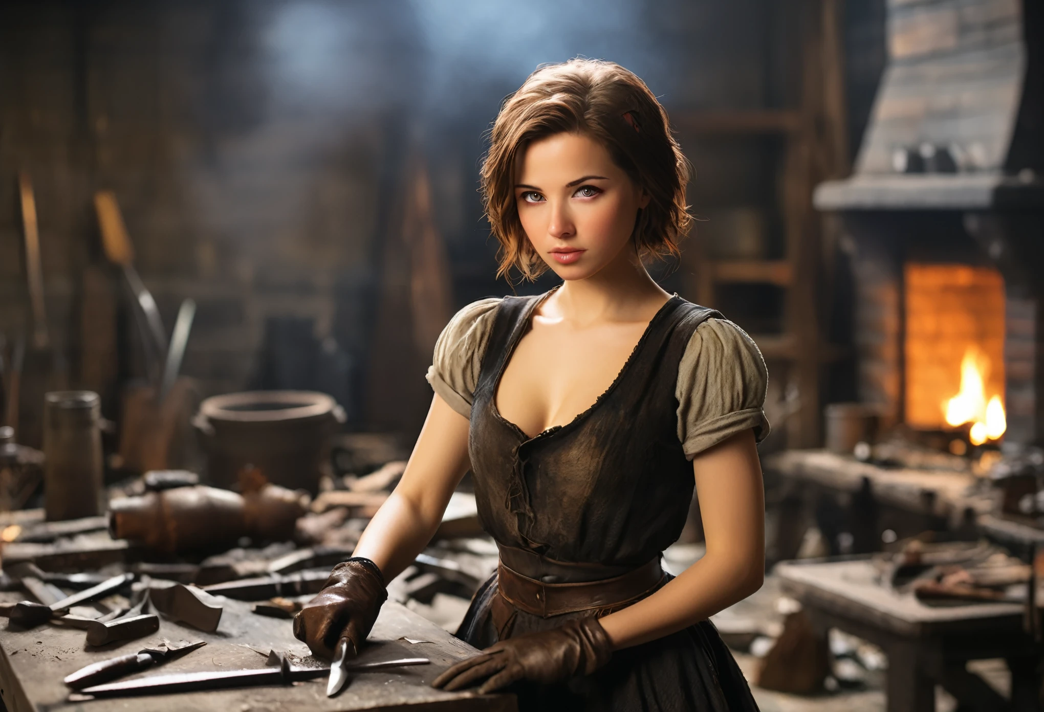 Highly detailed model photos of weaponsmiths:1.2, Practical, Depth of Field, Blurred background,
1个Giant Breast Girl, Short hair details, 黑Gloves, Brown hair, Close your eyes, fireplace, daub, Gloves, Clamping tool, knife, Open lips, Looking at the audience, skirt, Solitary, Weapons craftsmen, worksheet, work reality:1.3,
masterpiece, best quality:1.1,
(Film Photography:1.2),