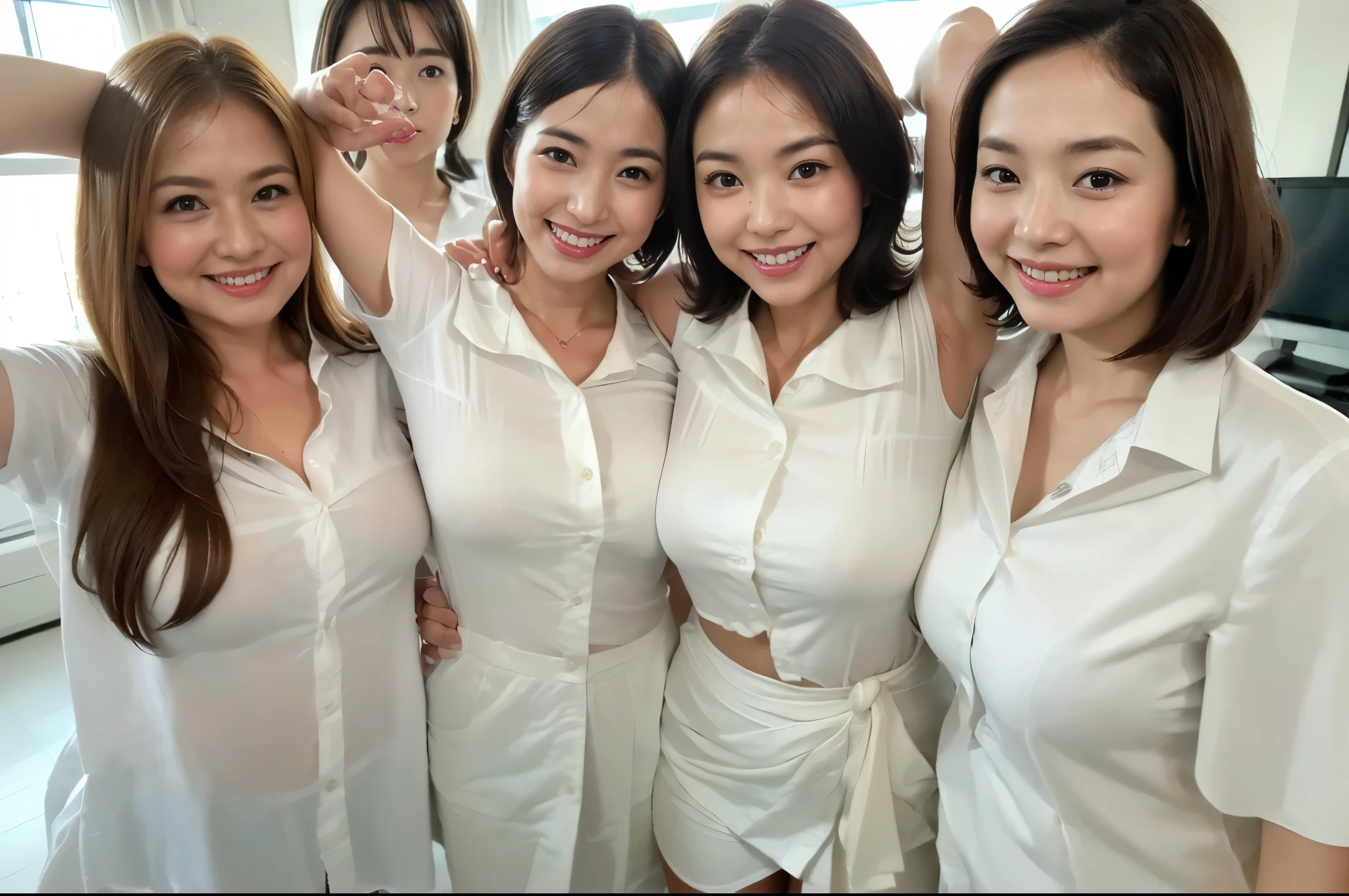​masterpiece, Better Quality, hight resolution, ((Photorealsitic:1.4, Raw photography, ultra high resolution,Top image quality: 1.4)), ((Do not split)),((upper body 1.5)), Beautiful detailed eyes, Natural Color Lip, ((Random Age)), ((A big smile:1.5)), ((Random and cute  hairstyle)), ((Random breast sizes from large to medium:1.3)), ((white shirt:1.6)), ((peer in from below)), ((bedroom)), ((Random and cute facial expressions)),, ((3 girls, Three people standing side by side:1.5)) very detailed and professional lighting, ((Random and cute facial expressions:1.5)), ((Random showing off my armpit:1.5)), ((thigh visible:1.5)),((Random lift up skirt))