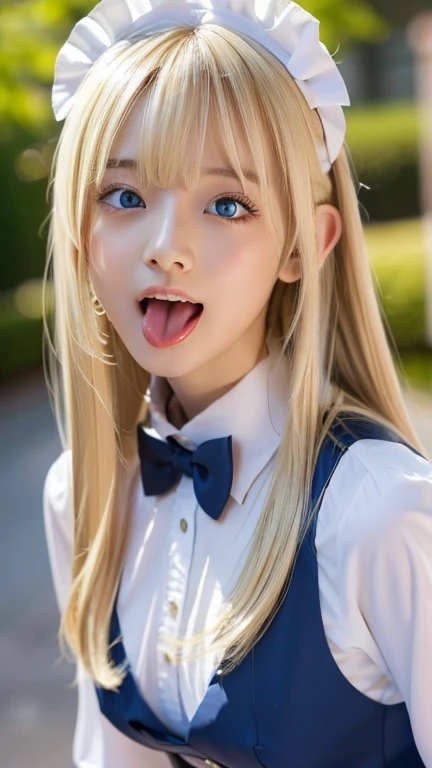 highest quality Shining, clear, white skin、Her windblown blonde hair hides her beautiful face、huge、20 years old cute sexy little beautiful face、Beautiful straight hair that stands out、growing up, Sparkling light blue eyes、long silky bangs that cover cute eyes, Sexy and cute young woman with super long hair hiding her sexy face、Super long, natural platinum blonde shiny hair Beautiful bangs that cover the forehead and reach the eyebrows Beautiful chest whole body Lower Body Overall image Sensual pose They are trying to seduce me. A devilish look peace sign extreme cosplay costumes(sexy maid clothes) He has his mouth open and his tongue sticking out as if he is about to lick something in front of him. Looking up, sticking out his tongue and trying to lick Mouth and facial expression The left eye is winking