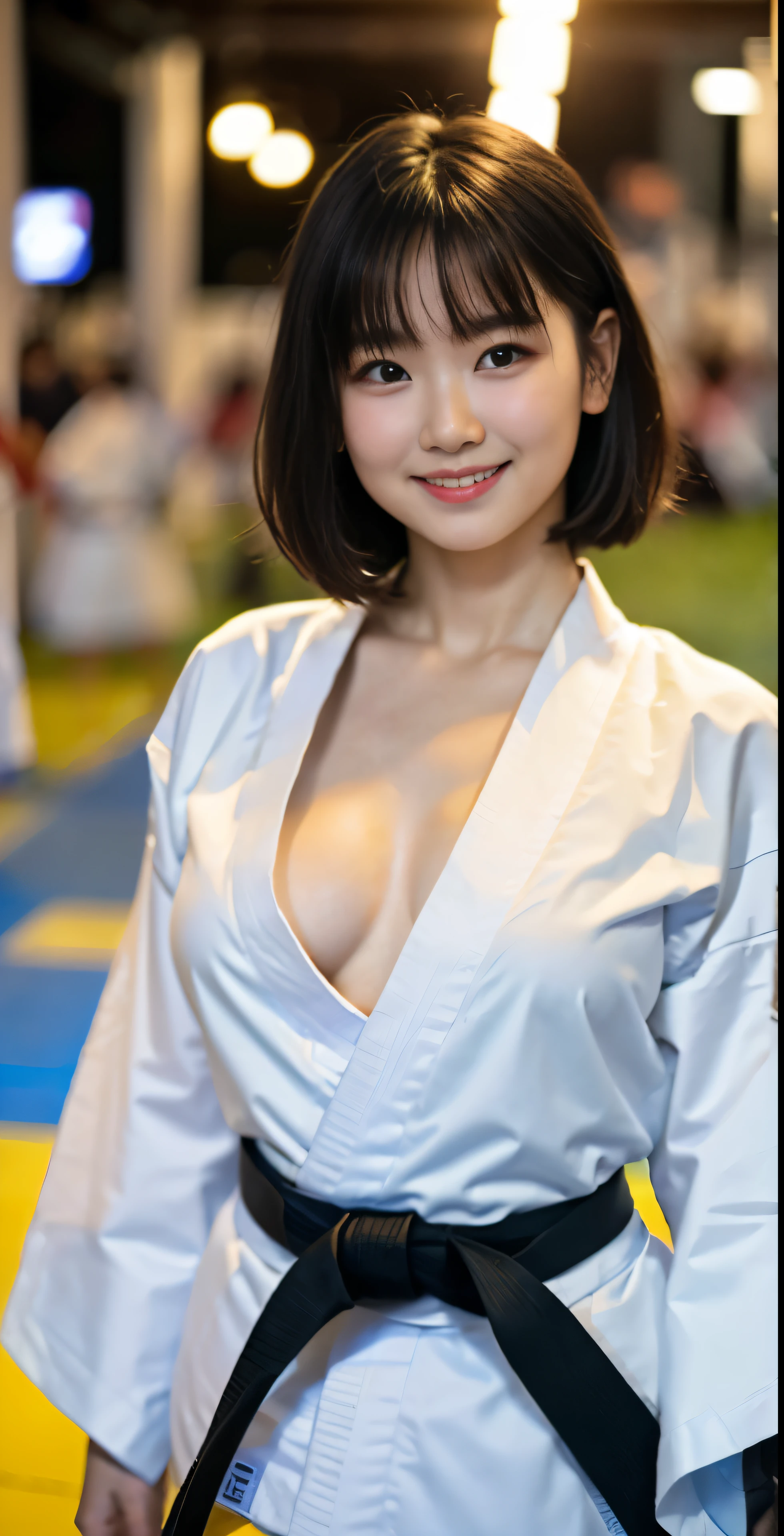 （8k、Raw photography、highest quality、masterpiece：1.2),(Black-haired、Very short hair:1.5),View Audience,Viewed from the front,erotic,White skin,(Wear a karate kimono:1.7)、(Clothing that emphasizes the shape of your chest、Expose&#39;skin:1.6)、(Big Breasts:1.0)、Slim figure、Ultra-high resolution,beautiful,beautiful fece,(alone, alone、No background:1.9),whole bodyボディー,Japanese women,（Photorealistic：1.37）、Photon Mapping,reality、(Baby-faced and cute: 1.5)、(Cute Smile: 1.7)、(With a round face: 1.9)、Radio City、Physically Based Rendering、Depth of field rally background、photograph, (I can see your knees,Thigh close-up:1.4),whole body、Super quality