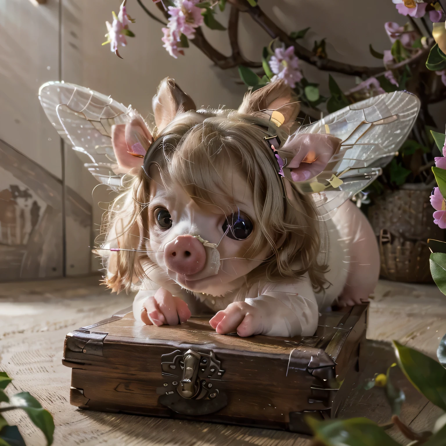 (best quality,4k,8k,highres,masterpiece:1.2),ultra-detailed,(realistic,photorealistic,photo-realistic:1.37),pig,kisses,butterfly,love,adorable,soft,gentle,magical,fairy tale,delicate wings,curious pig,floral surroundings,playful,blissful,tranquil,whimsical,children's book illustration,vibrant colors,soft lighting