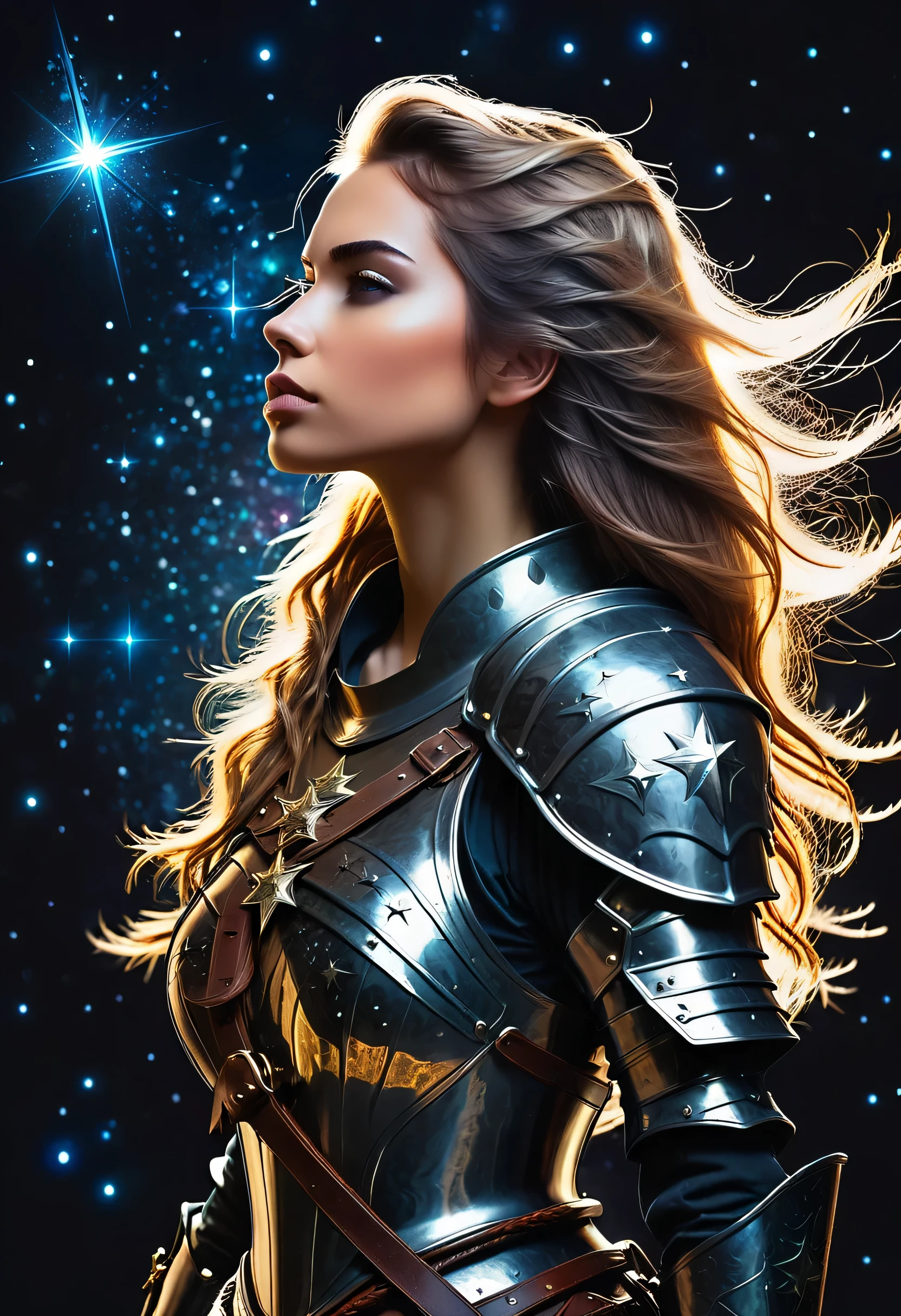 a stylized young woman warrior ((silhouette)) formed by bright stars. with straight long messy hair. medieval armor. Cosmic background