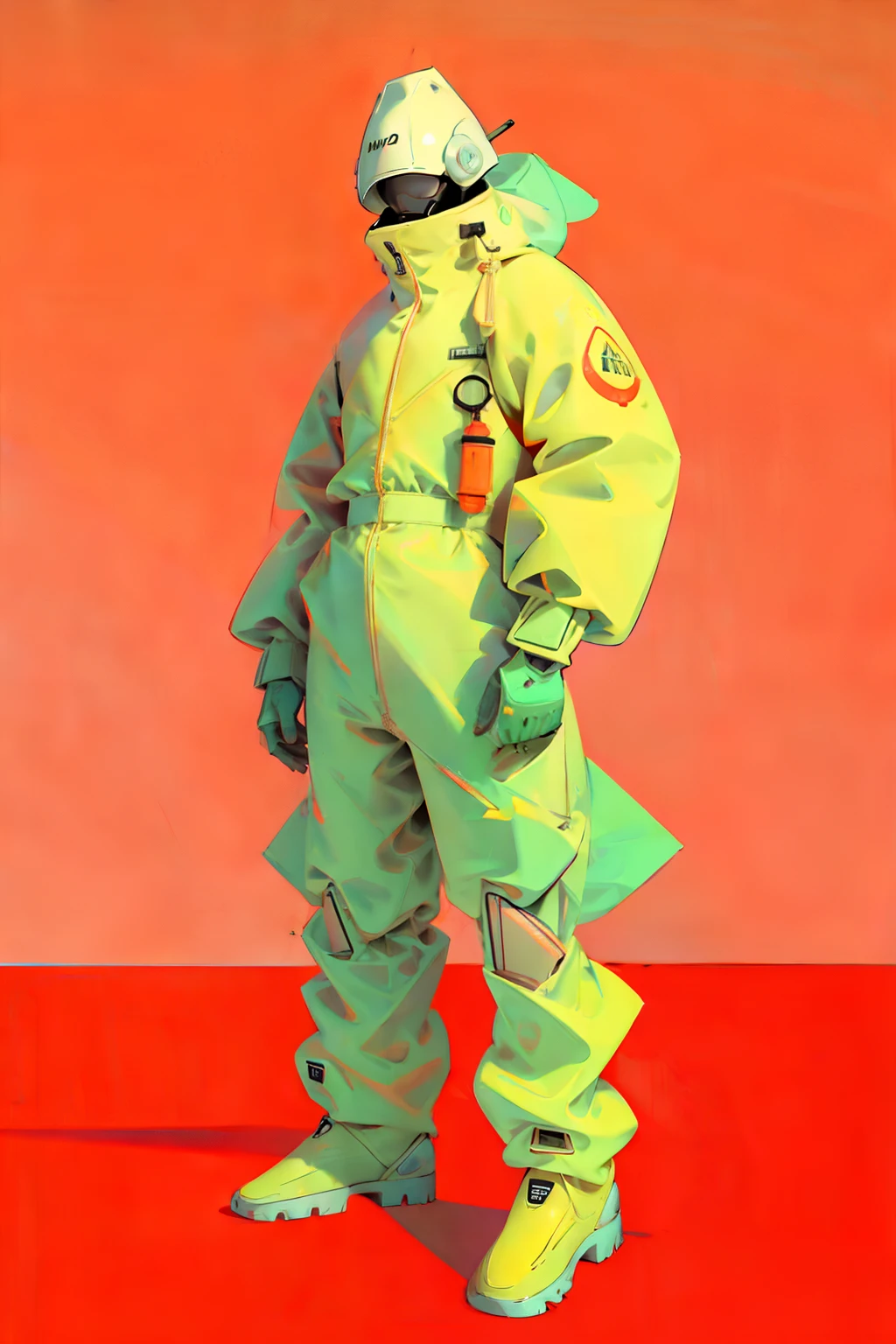  (ultra detailed,ultra high res,detailed background),((2D)),((flat color)),((muted color)), 1solo, looking at viewer, white hazmat suit, (big red galoshes), plush collar, full body image, square helmet