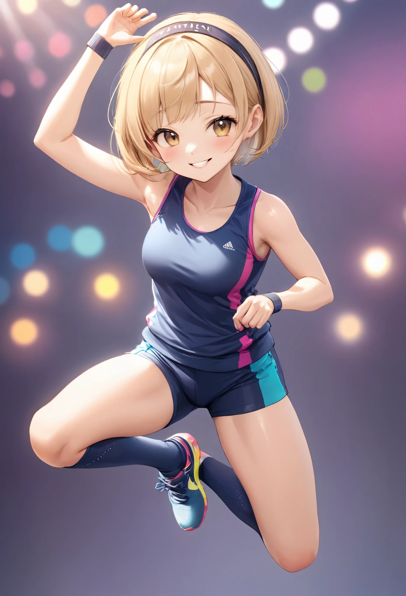 (highest quality,4K,8k,High resolution,masterpiece:1.2),Very detailed,(Realistic,photoRealistic,photo-Realistic:1.37),whole body,Beautiful fine details,beautiful lip detail,Very detailed目と顔,Long eyelashes,lean and fit body,A confident smile,Cheerful pose,attractive appearance,Colorful background,Vibrant colors,Studio Lighting,Bokeh,Women Artists,-yeld giProfessional,Short blonde bob hair,((Forehead Band)),Aerobics Instructor,Grin,Sweat,Active lifestyle,Sporty look,Play sports often,Shorts,((socks,レースアッProfessionalングブーツ)),Flexible movement,Slender body,Shiny texture,Sculpted figures,A progressive fitness environment,Positive attitude,Healthy shine,Fitness Motivation,Personal trainer
