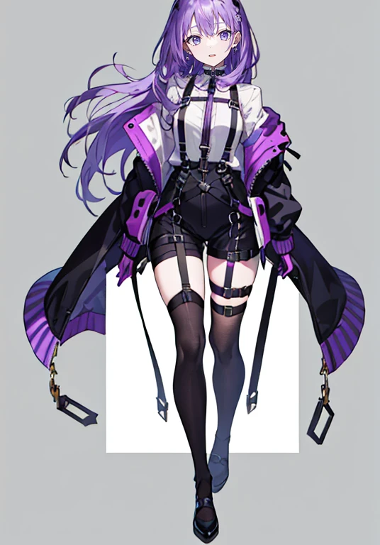 ((Perfect Face)), Purple Hair,Long Hair,girl,1 person,,Harness,,Simple Background,smile,Full Body,((full body)),Character portrait,virtual,front,viewer&#39;s eyes,視線をfrontに,standing tall
