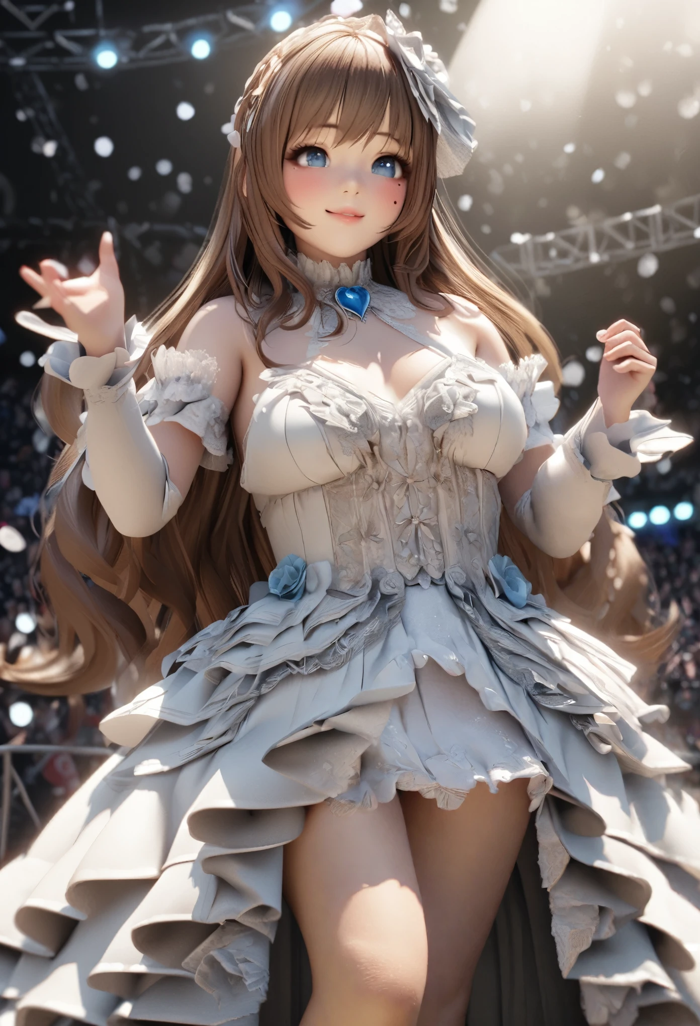 One Girl、Looking at the audience、
Beautiful Blue Eyes、Brown long hair、Mole under the eye、Plump and glossy lips、Heart-shaped choca、Idol、smile、ー、。.。.。.。.。.。.。.。.。.。.。.。.。.。.。.。.。.。.3D、Realistic、
Princess dress with too many frills、Drape clothes、gem、The decoration has been removed、Floral、Lace trim、bright stage、
masterpiece、highest quality、8k、Detailed skin texture、Detailed cloth texture、Beautifully detailed face、Intricate details、Very detailed、
超A high resolution、8K Ultra HD、Film Grain、Best Shadow、delicate、Staring at the audience、front