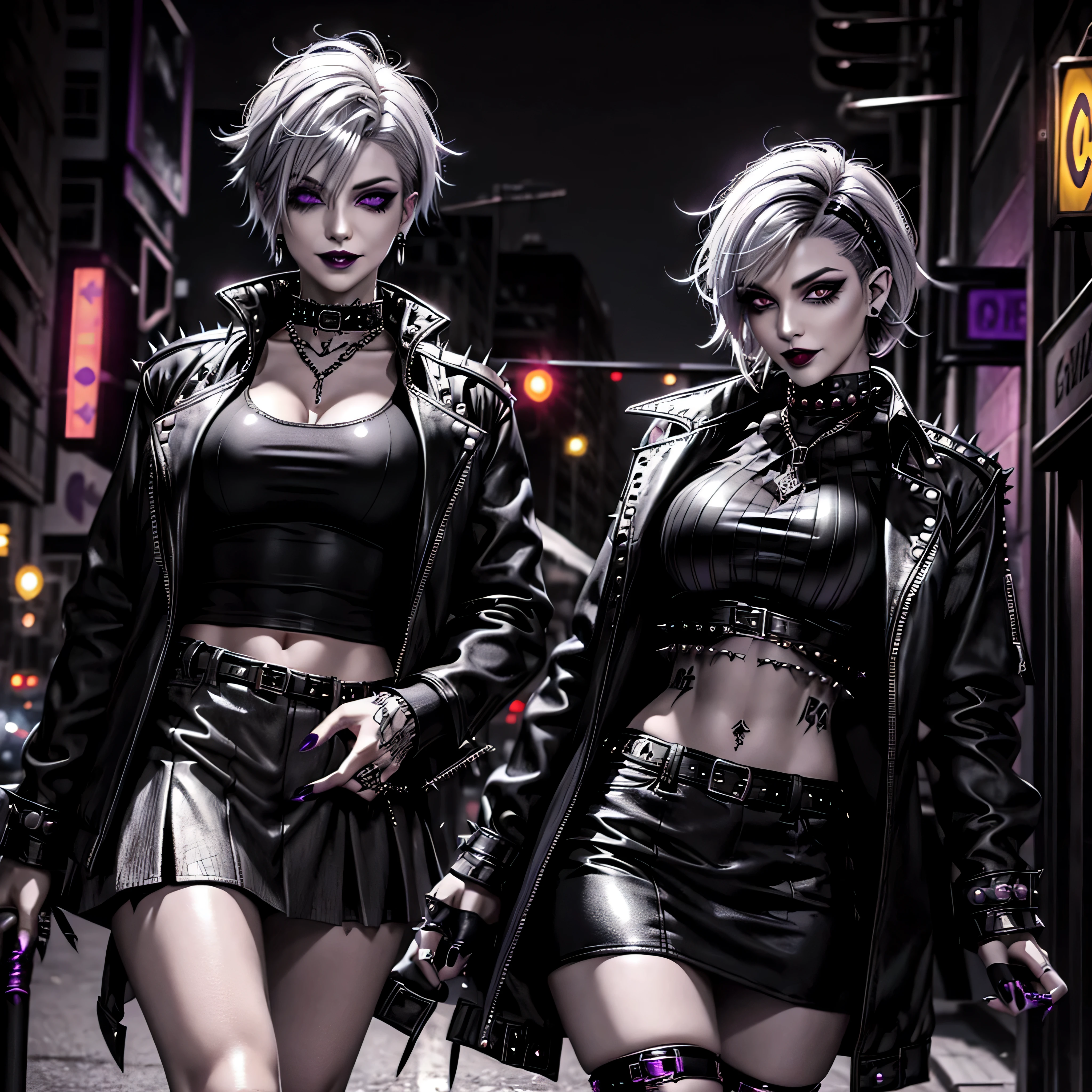 Beautiful vampire, short black rocker style hair, yellow eyes with punk style makeup, purple lipstick, wearing a gray blouse and short skirt, with a punk style jacket with metallic spikes , showing her defined abdomen, charming smile, in the night city with neon light , white hair, 