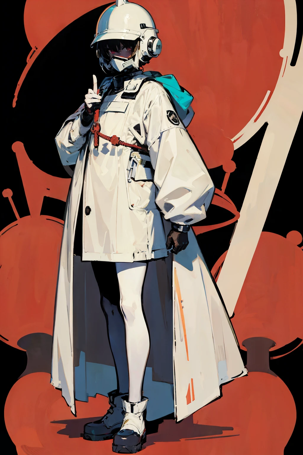 (ultra detailed,ultra high res,detailed background),((2D)),((flat color)),((muted color)), 1solo, looking at viewer, white hazmat suit, (big red galoshes), plush collar, full body image, square helmet