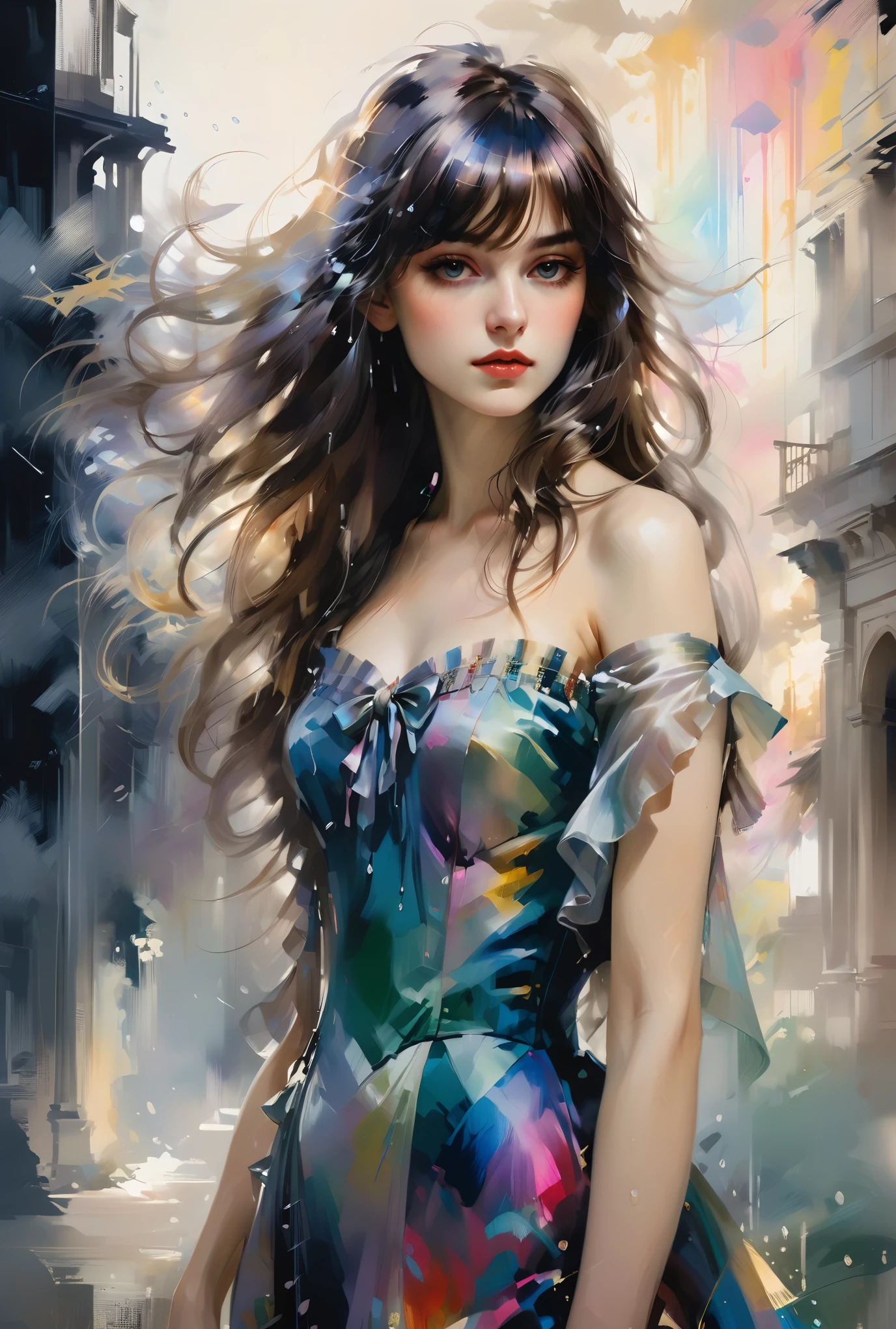 chiaroscuro technique on sensual illustration of an elegant queen (((long hair with bangs:1.4、Beautiful bangs) , vintage ,silky dress, matte painting, by John Singer Sargent, by Harumi Hironaka, abstract background, (upper body:1.5), Rainbow rain, highly detailed, digital artwork, high contrast, dramatic, refined, tonal, an intimate, seductive studio setting with a focus on sensuality and romance. Utilize soft, warm lighting that bathes the space in a gentle, inviting glow. Incorporate luxurious fabrics, plush furnishings, and a touch of decadence to evoke an opulent ambiance. The scene should exude an air of serenity and anticipation, inviting the viewer into a sensual and romantic space