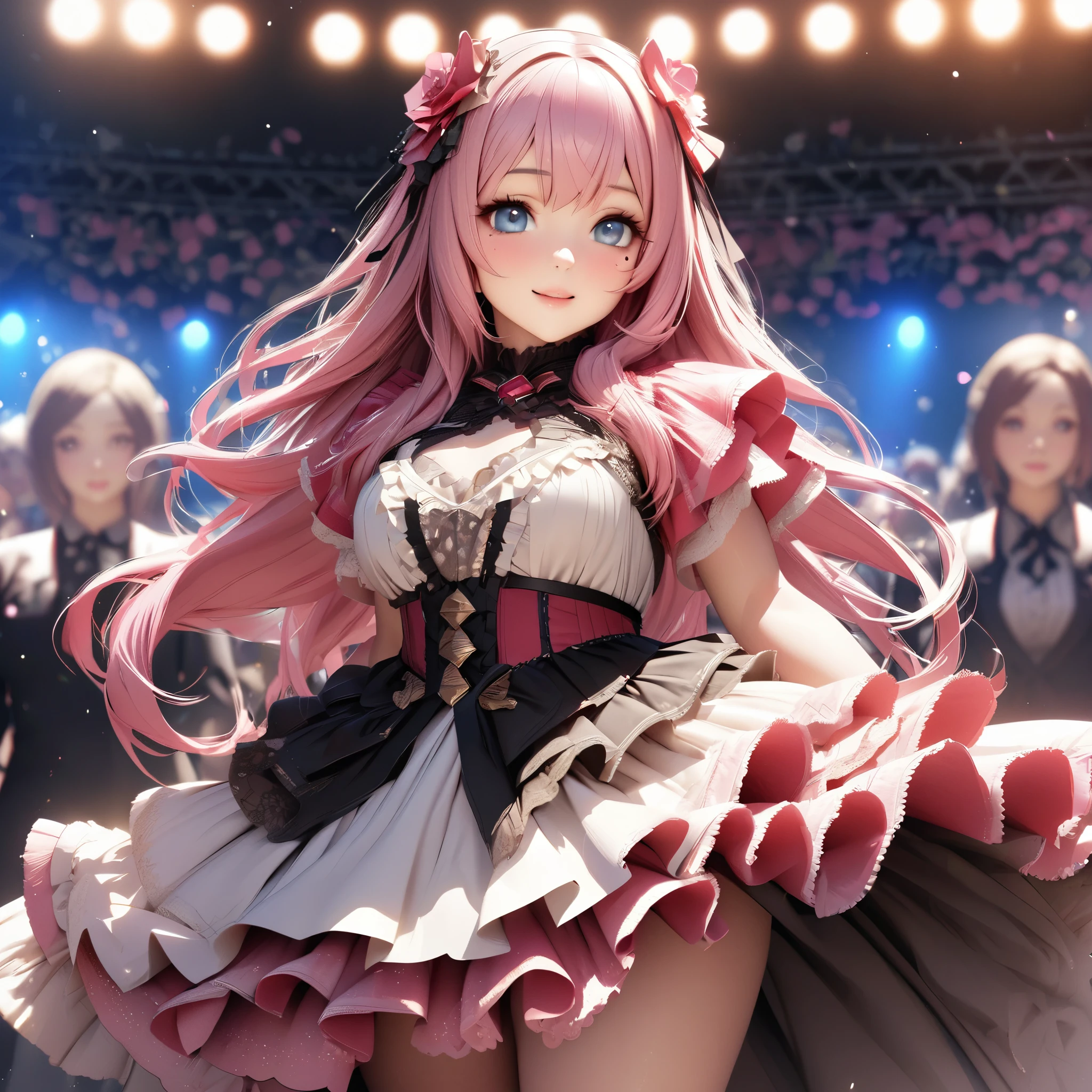 One Girl、Looking at the audience、
Beautiful Blue Eyes、Long hair with pink hair、Mole under the eye、Plump and glossy lips、Heart-shaped choca、Idol、smile、ー、。.。.。.。.。.。.。.。.。.。.。.。.。.。.。.。.。.。.3D、Realistic、
Princess dress with too many frills、Drape clothes、gem、The decoration has been removed、Floral、Lace trim、bright stage、
masterpiece、highest quality、8k、Detailed skin texture、Detailed cloth texture、Beautifully detailed face、Intricate details、Very detailed、
超A high resolution、8K Ultra HD、Film Grain、Best Shadow、delicate、Staring at the audience、front